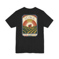 Black graphic t-shirt with large back Iowa scene emblem in square frame.