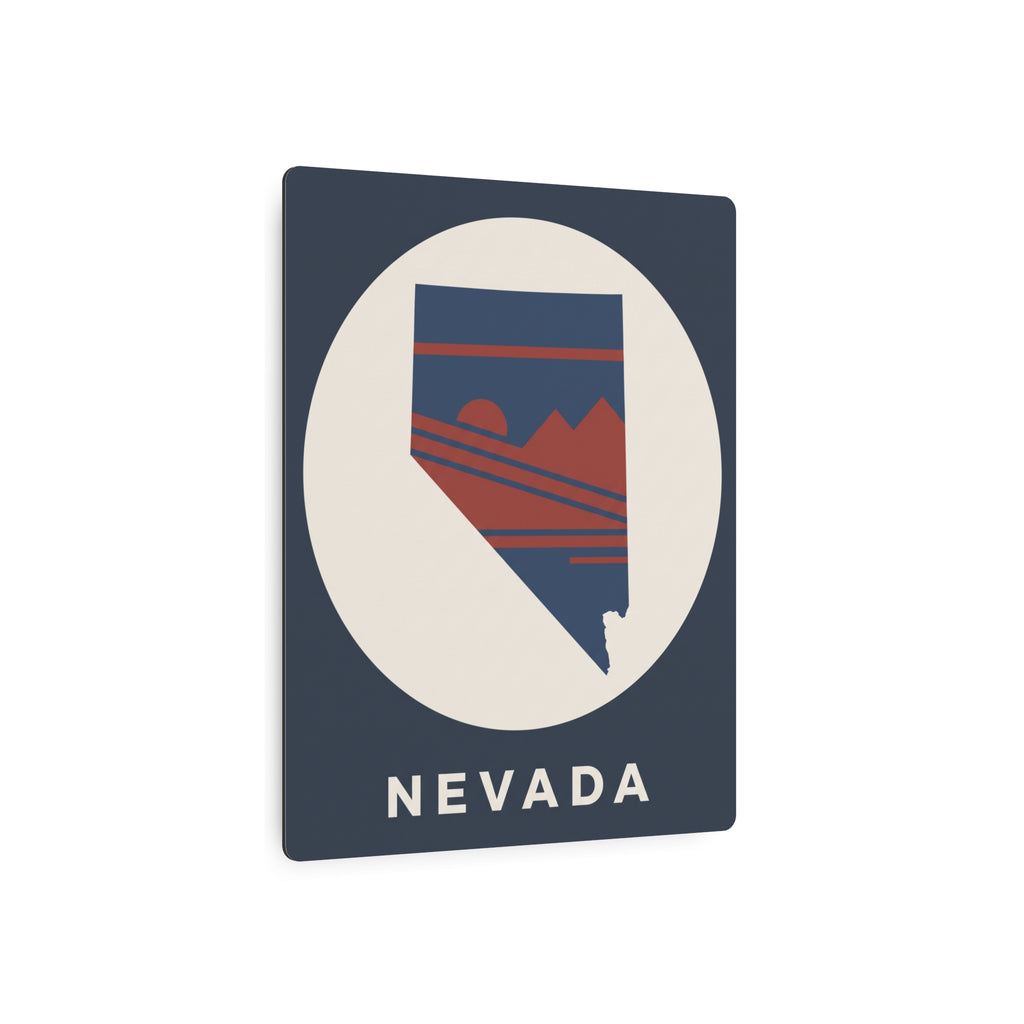 Nevada retro badge metal sign with white circle, Nevada text, and red desert line art