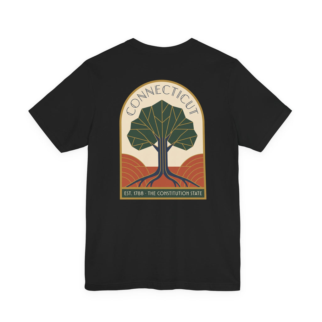 Connecticut tree graphic t-shirt, black, front emblem with tree and “Connecticut” text