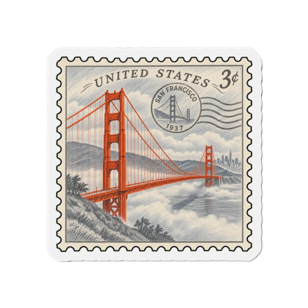 Die-cut Golden Gate Bridge stamp magnet with red bridge, clouds, and U.S. 3¢ mark