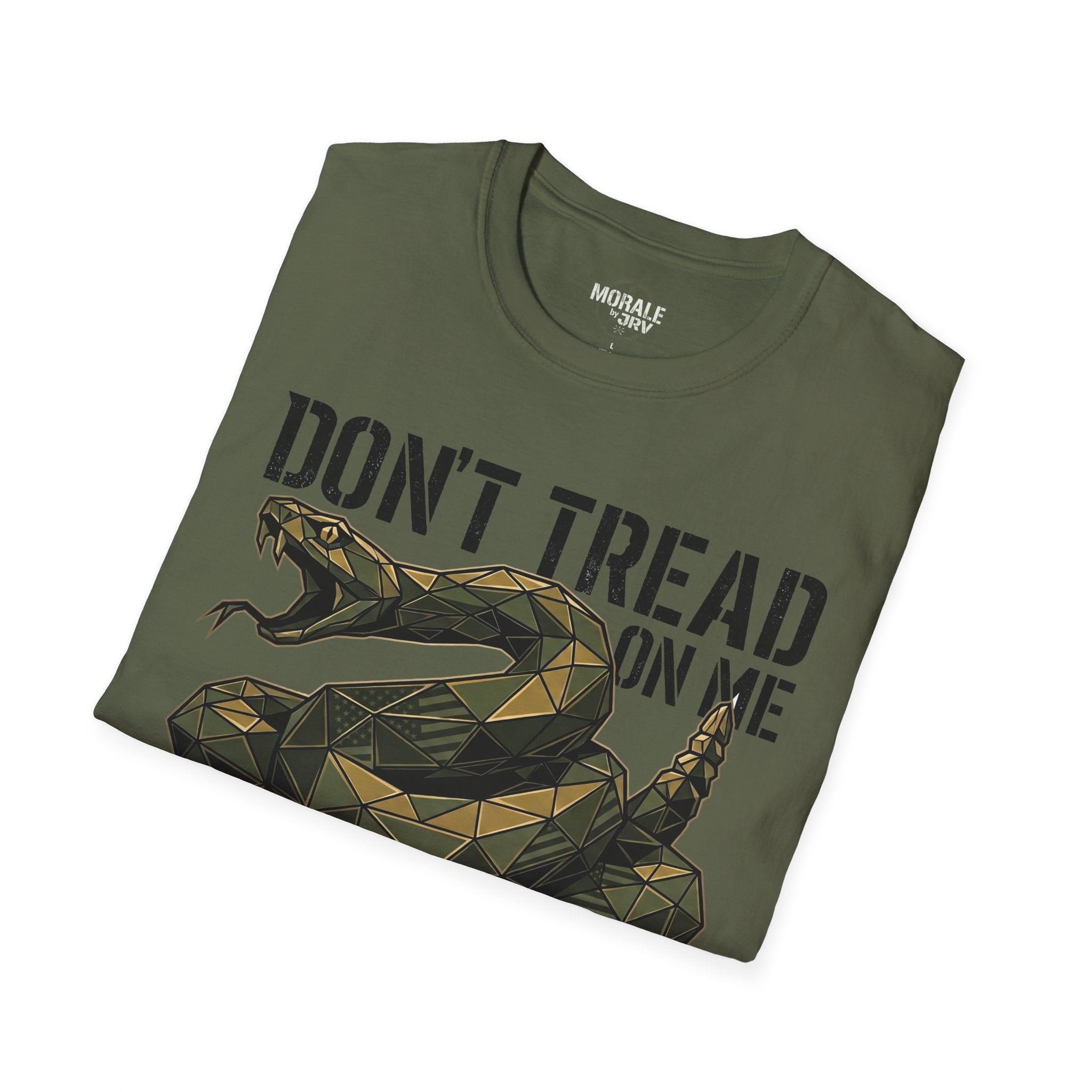 Military green graphic T-shirt with coiled rattlesnake and “DON’T TREAD ON ME”
