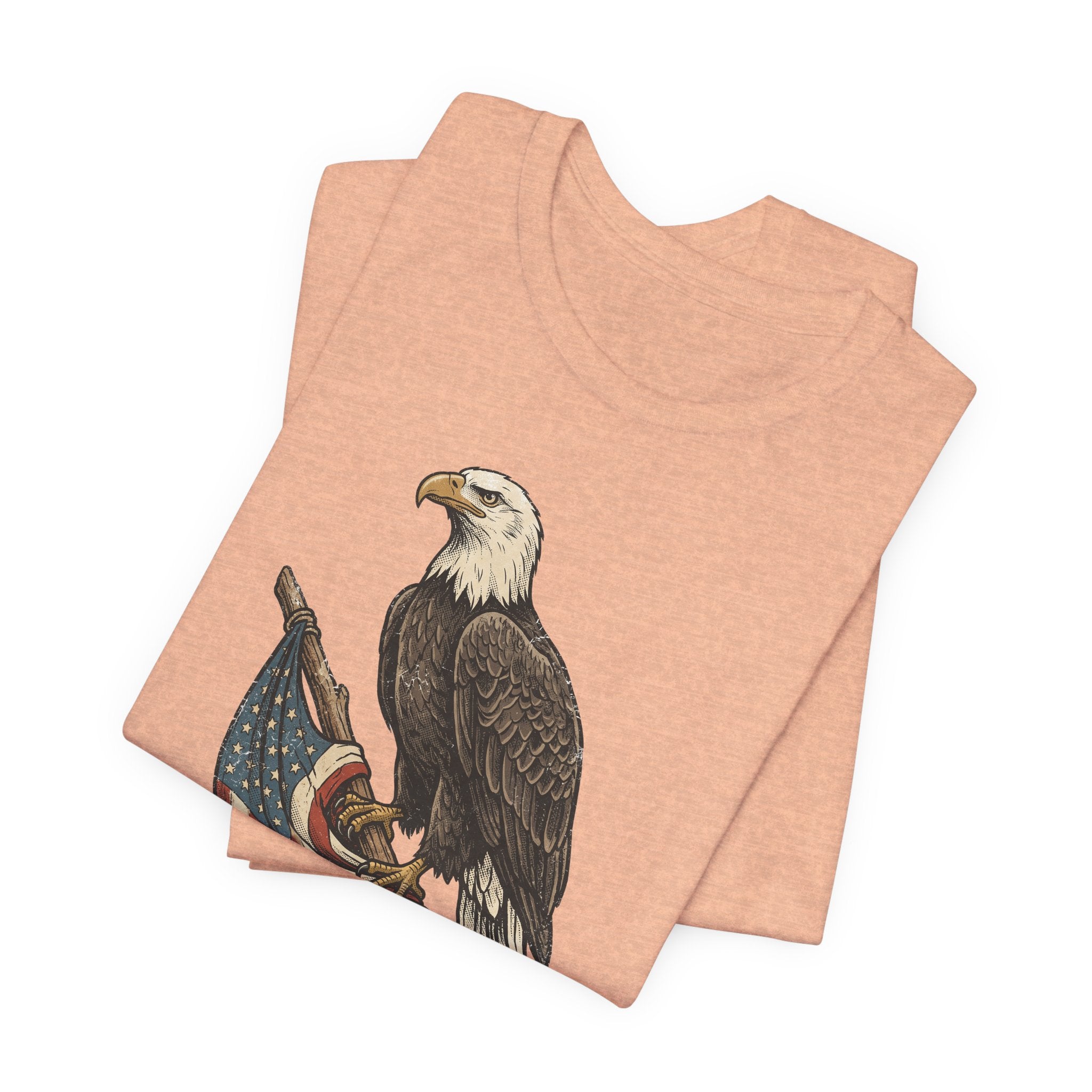Coral heather bald eagle graphic t-shirt with flag ribbon print