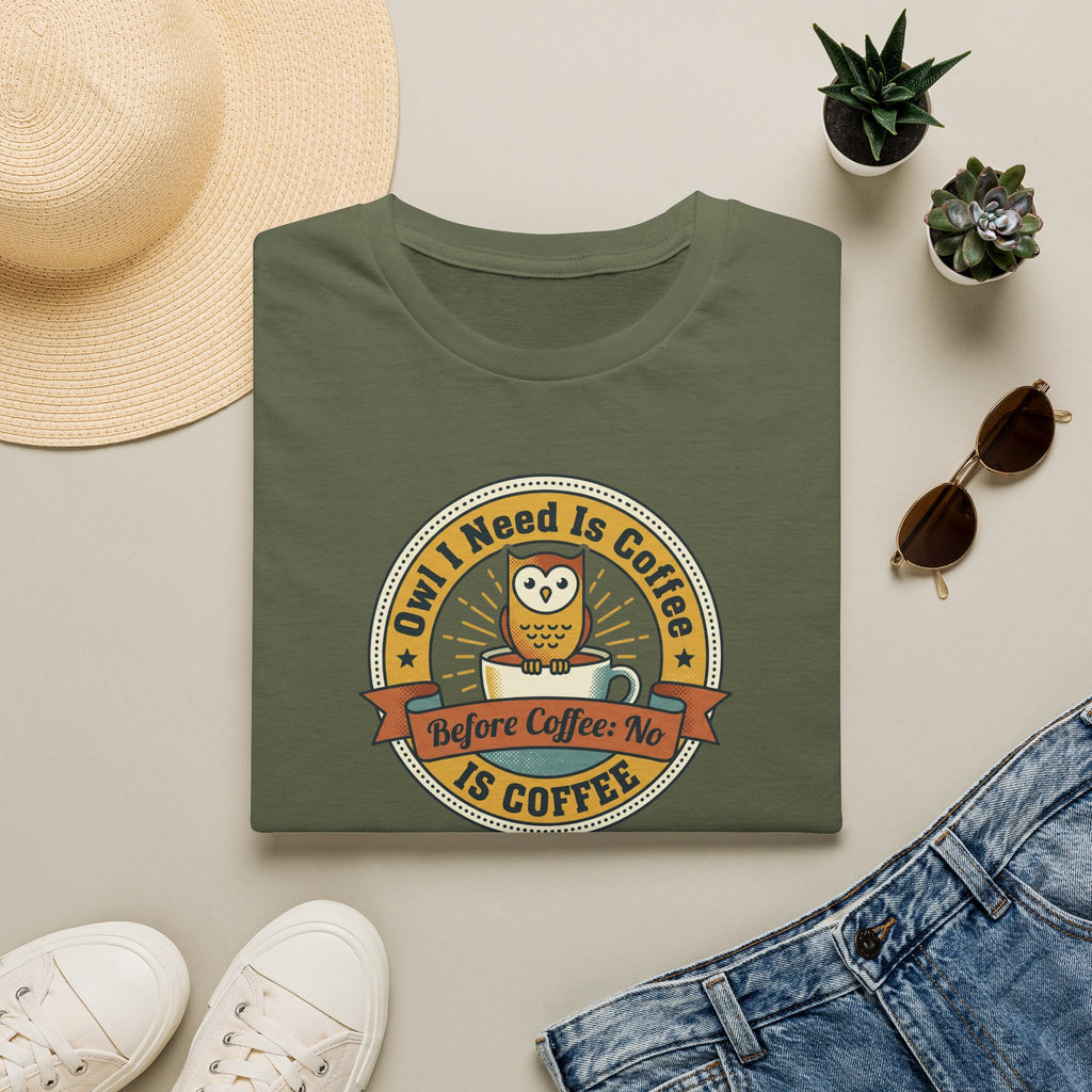 Olive green T-shirt with circular owl coffee graphic on front