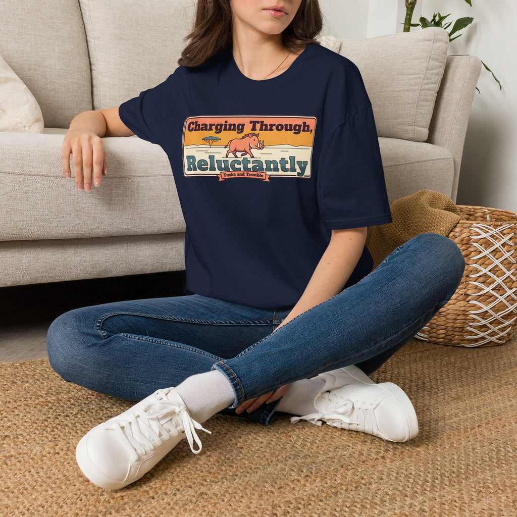 Navy crew-neck T-shirt with colorful “Charging Through Reluctantly” graphic print
