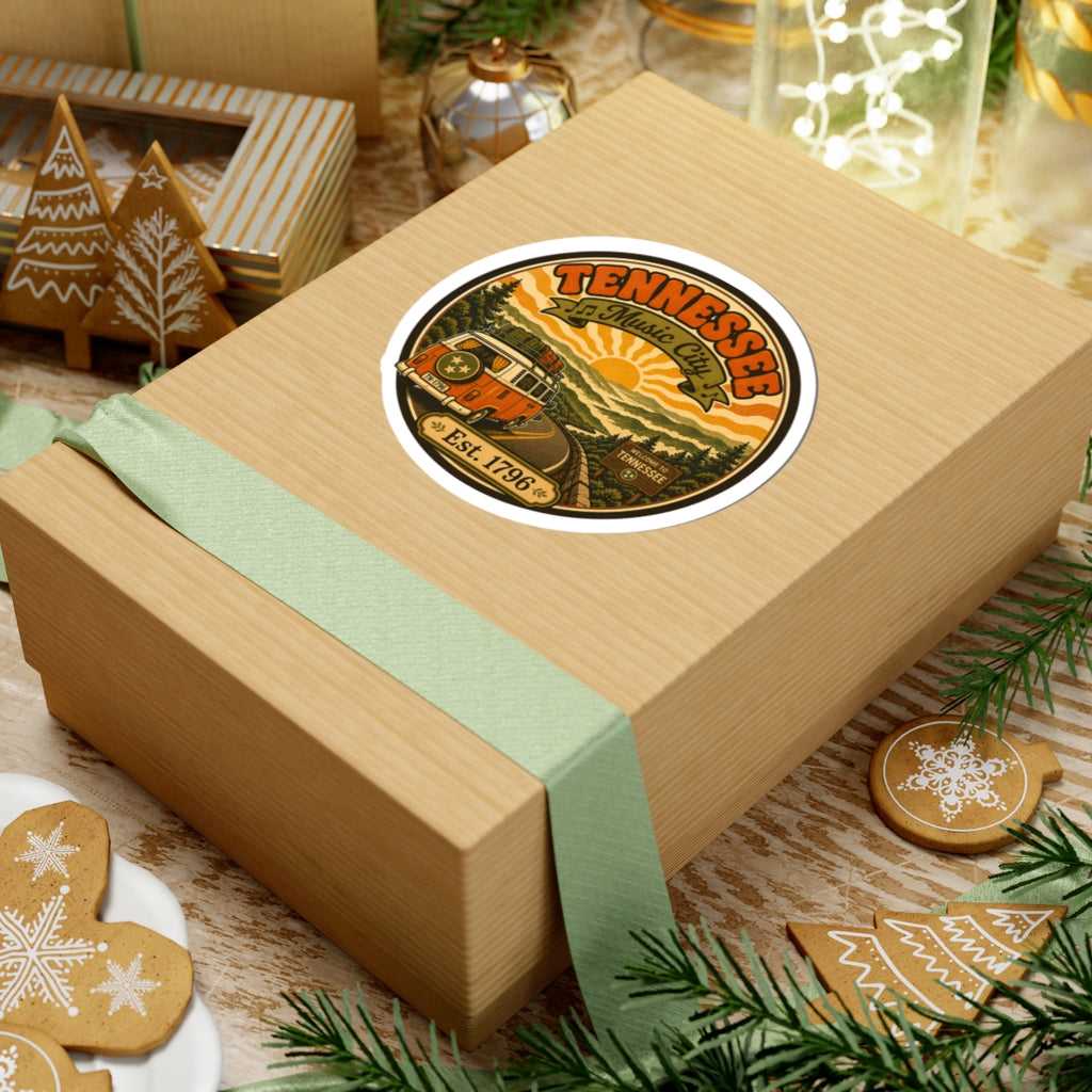 Round Tennessee Music City sticker on gift box top, orange van artwork and Est. 1796