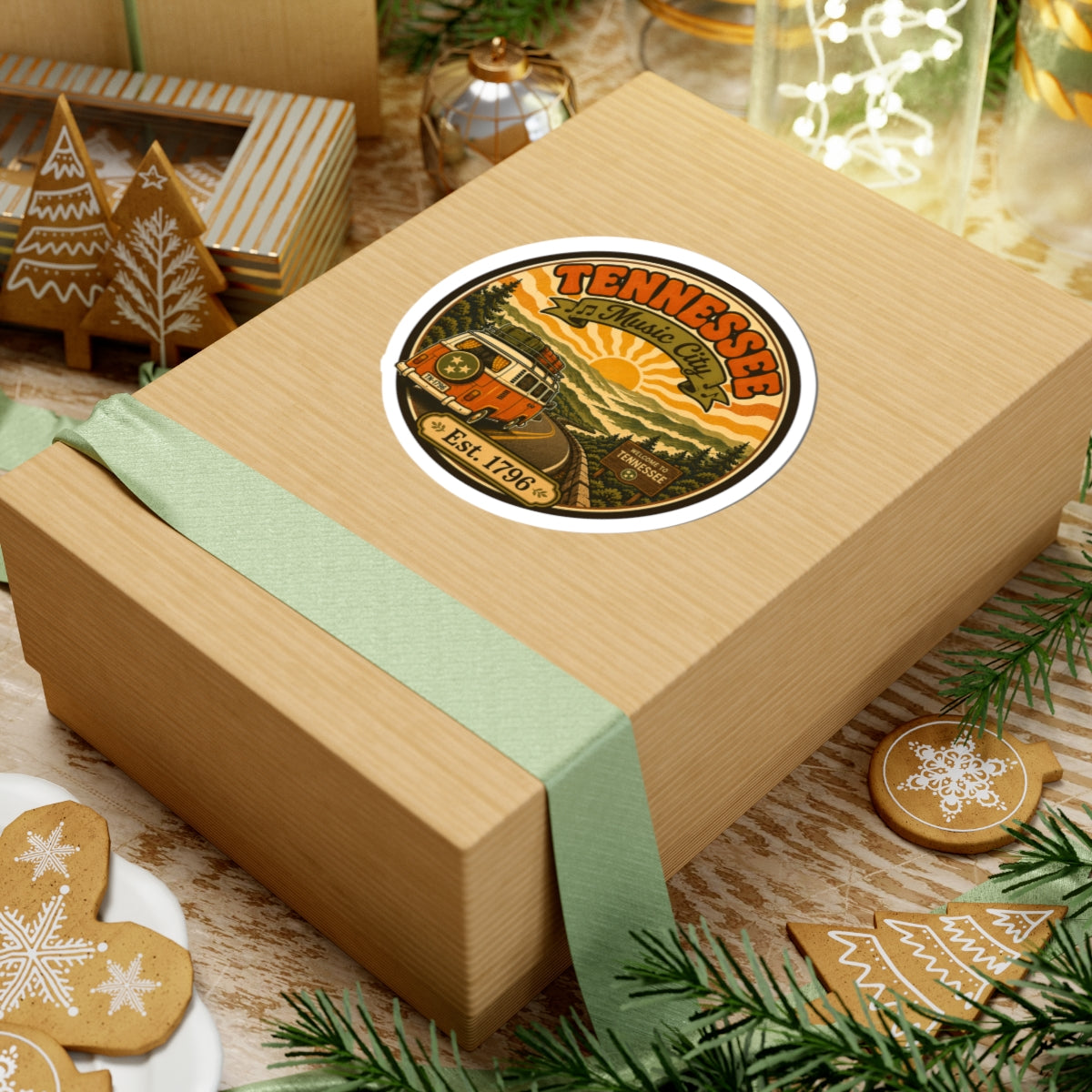 Round Tennessee Music City sticker on gift box top, orange van artwork and Est. 1796
