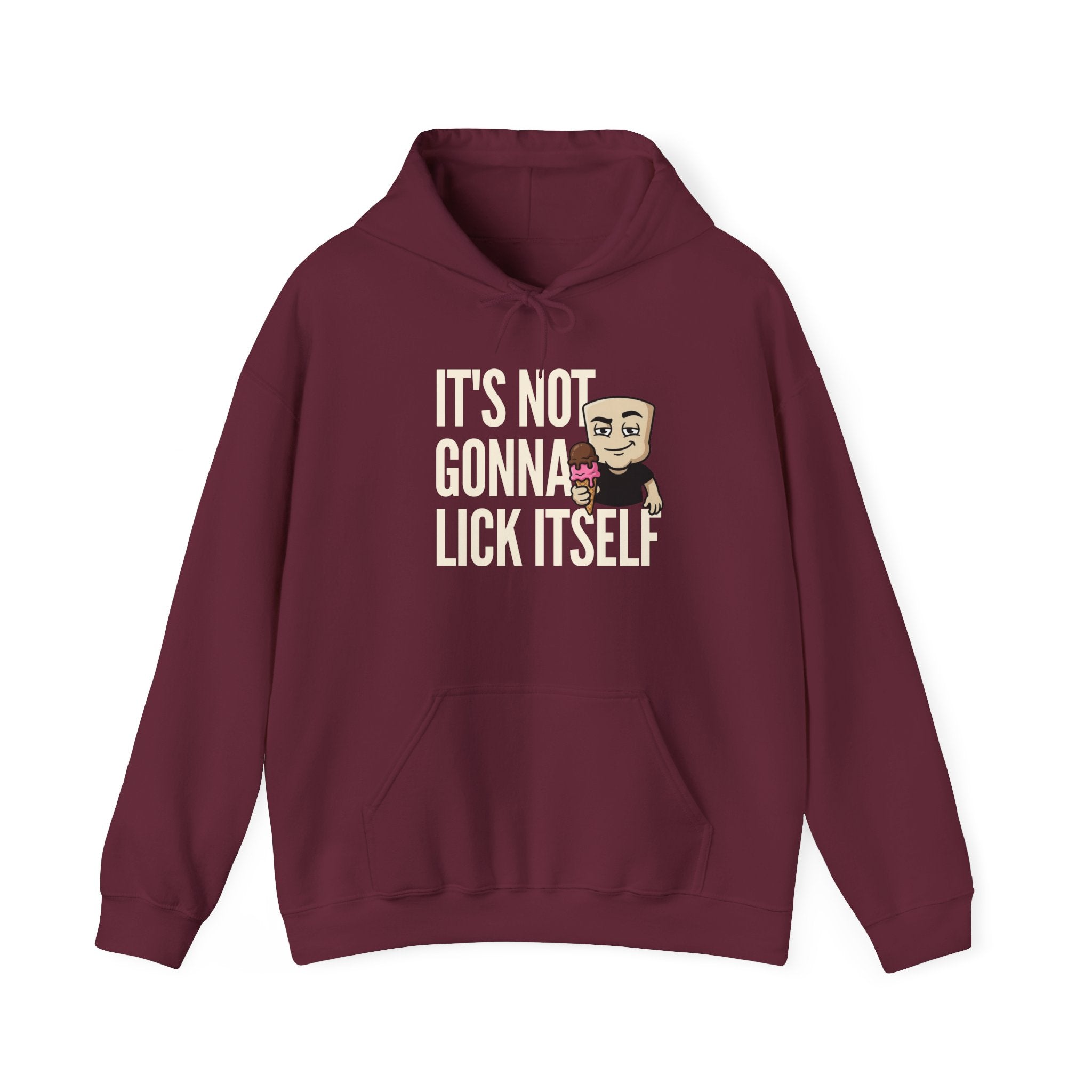 Maroon hoodie with front pocket, hood, and ice cream character 'IT'S NOT...' graphic.