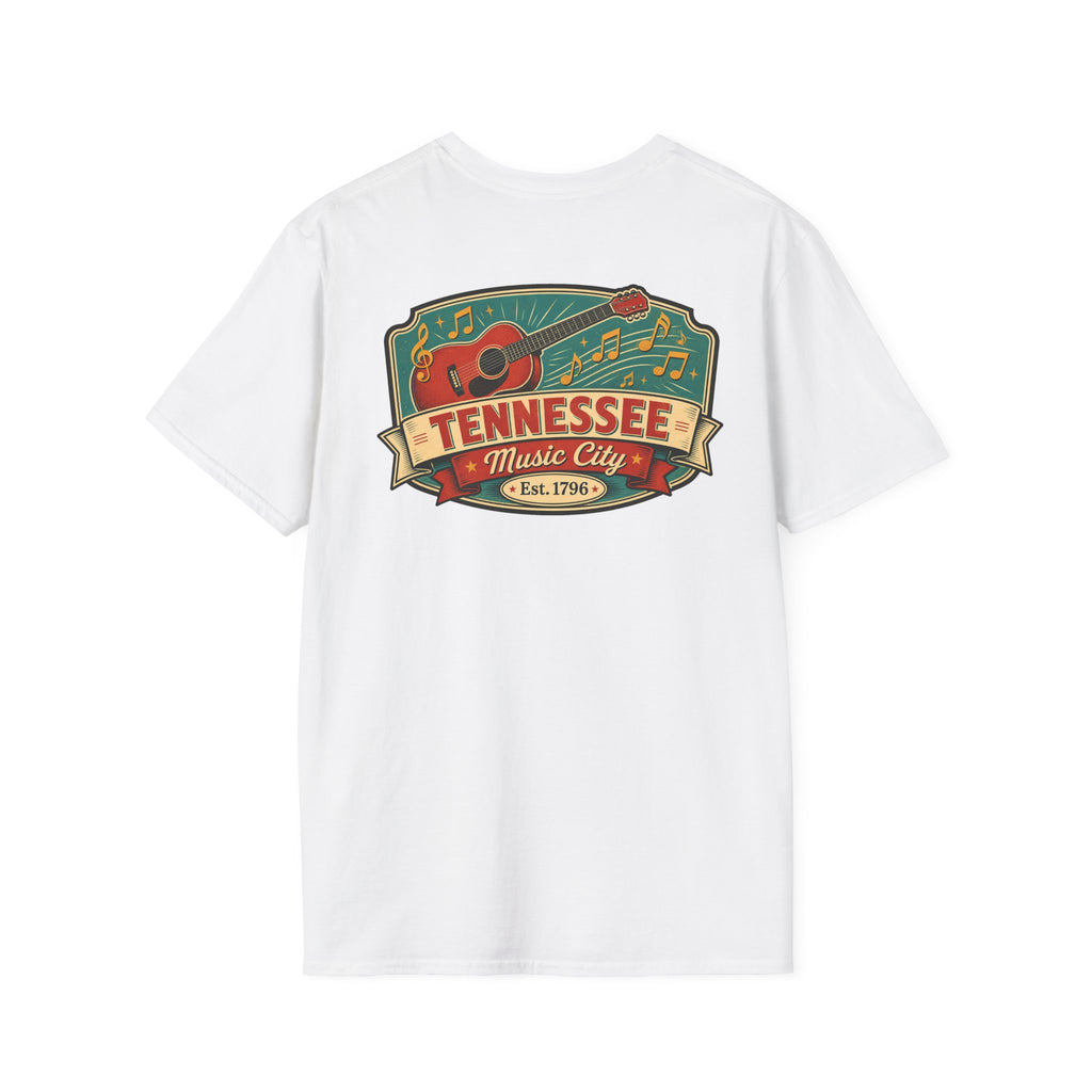 White graphic T-shirt with Tennessee Music City badge and guitar