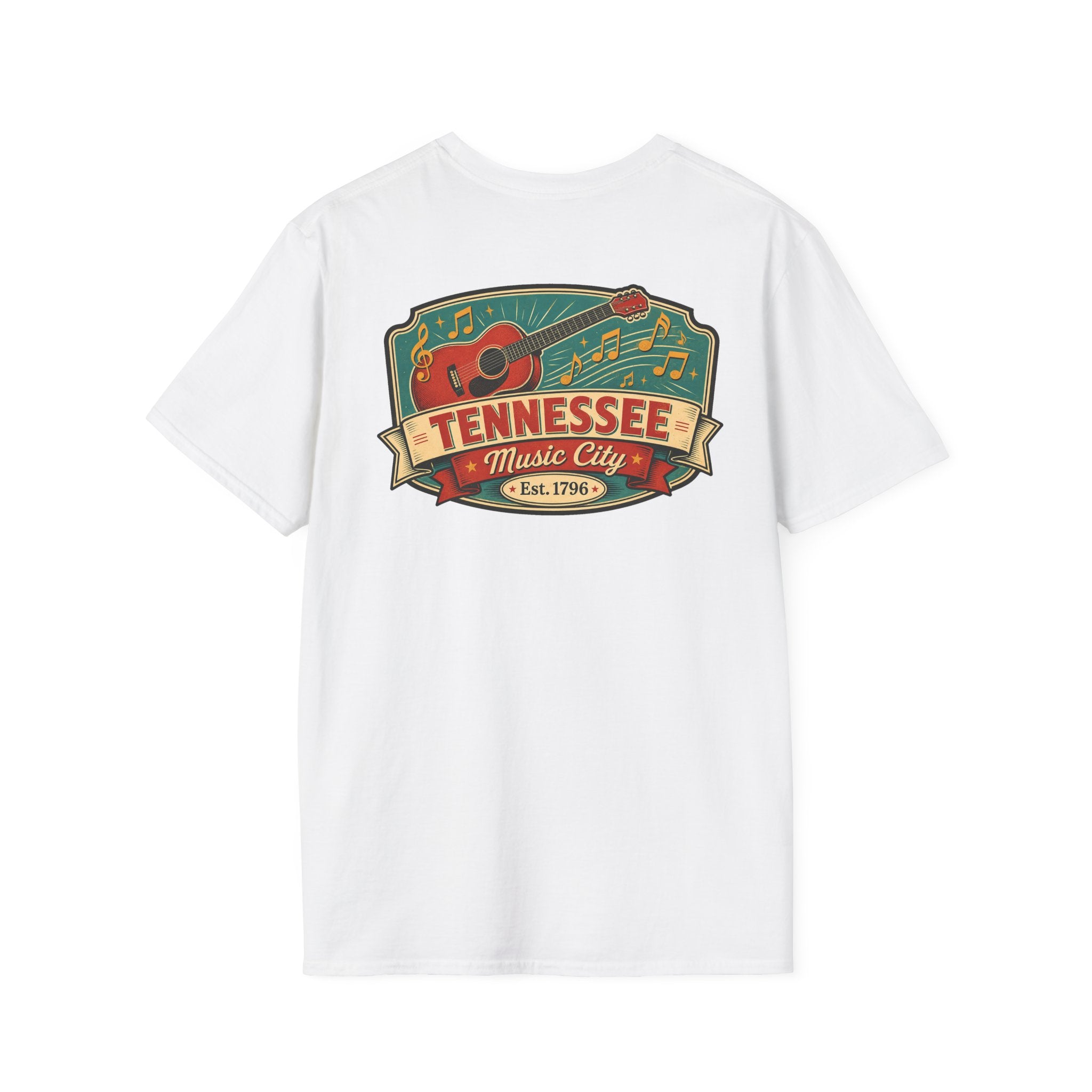 White graphic T-shirt with Tennessee Music City badge and guitar