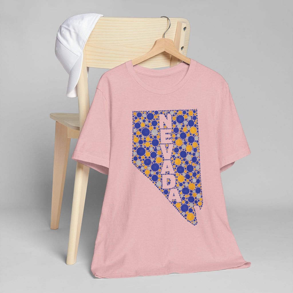 Pink crew-neck T-shirt with blue-and-gold Nevada map graphic