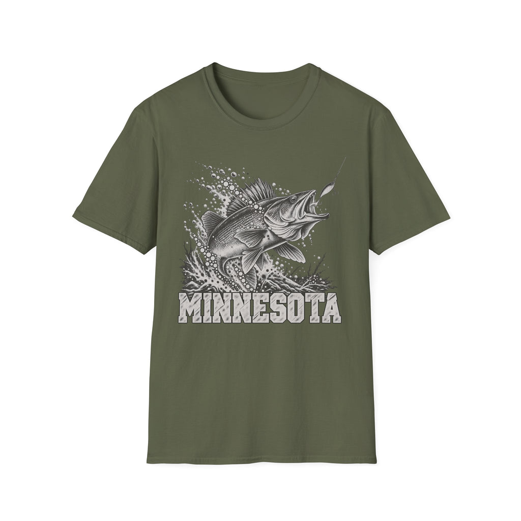 Military green t-shirt with leaping walleye graphic and MINNESOTA text
