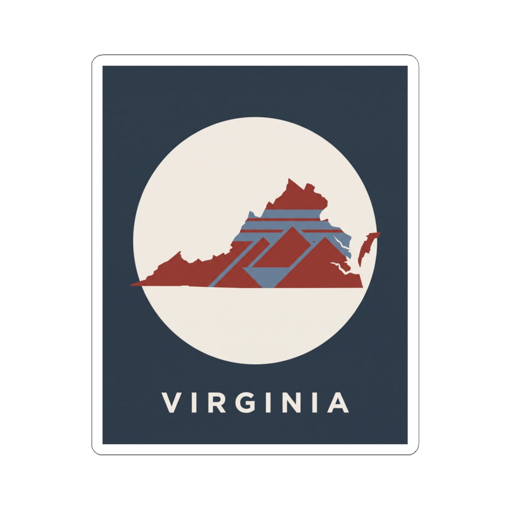 Virginia state decal featuring a red map silhouette with geometric pattern in a cream circle