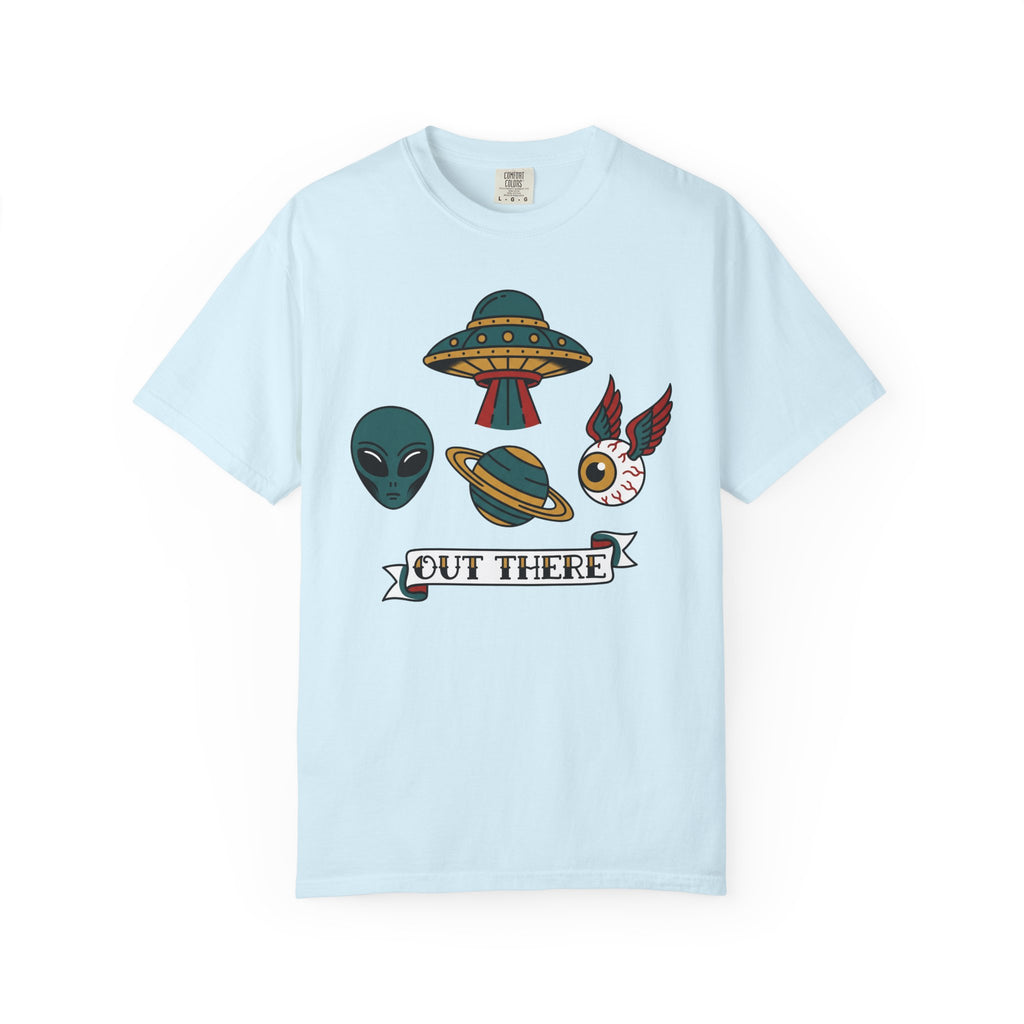 Light blue graphic T-shirt with alien, UFO, and "OUT THERE" patch-style print