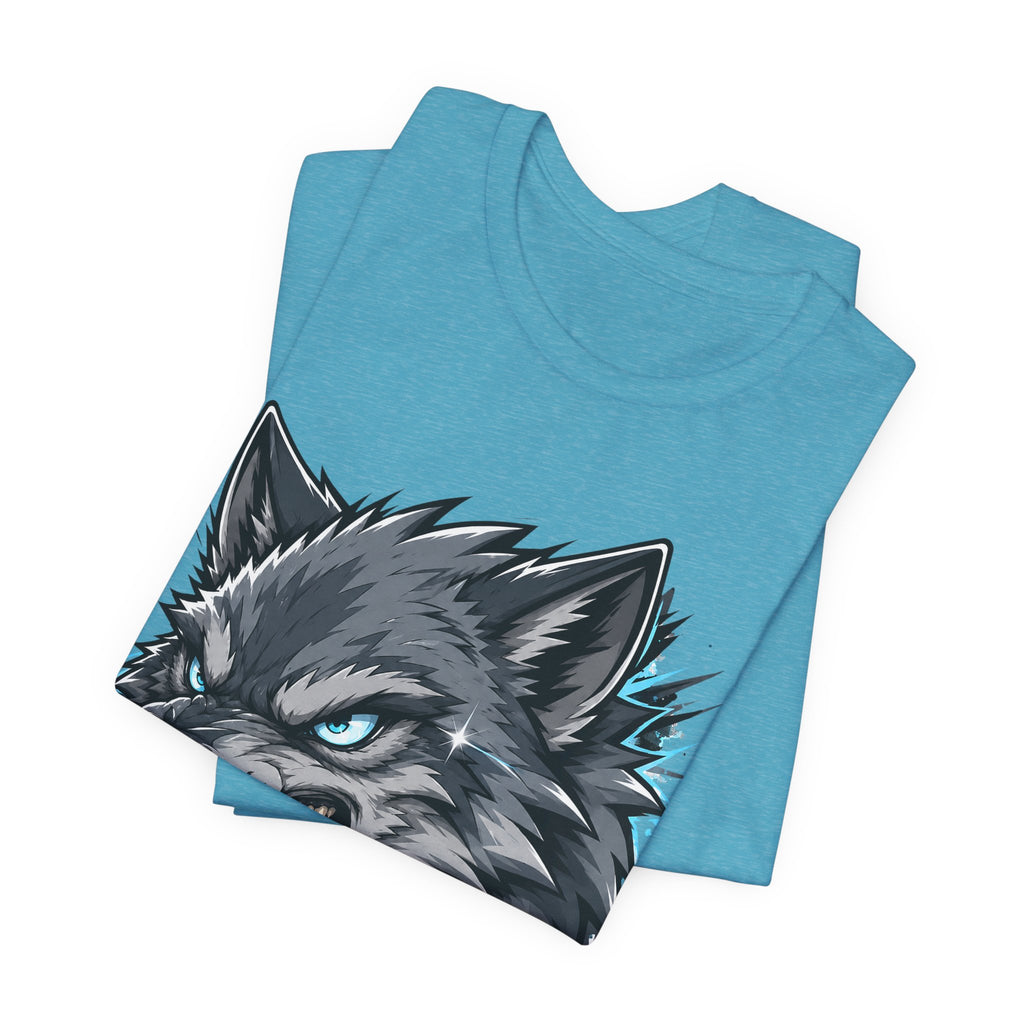 Aqua t-shirt with snarling wolf head graphic on front, crew neck.