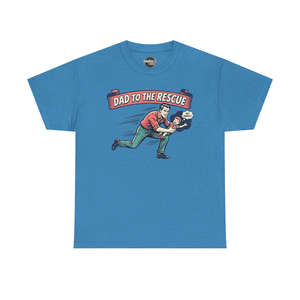 Blue crew-neck graphic T-shirt with dad rescue hero print