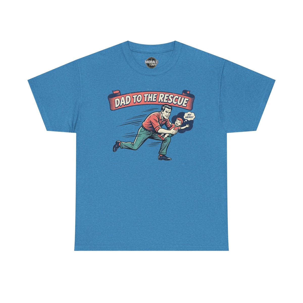 Blue crew-neck graphic T-shirt with dad rescue hero print