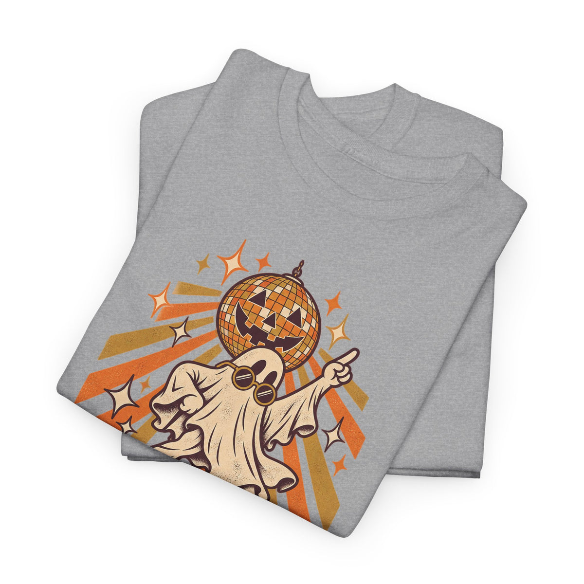 Light gray Halloween T-shirt with disco ghost and jack-o-lantern graphic