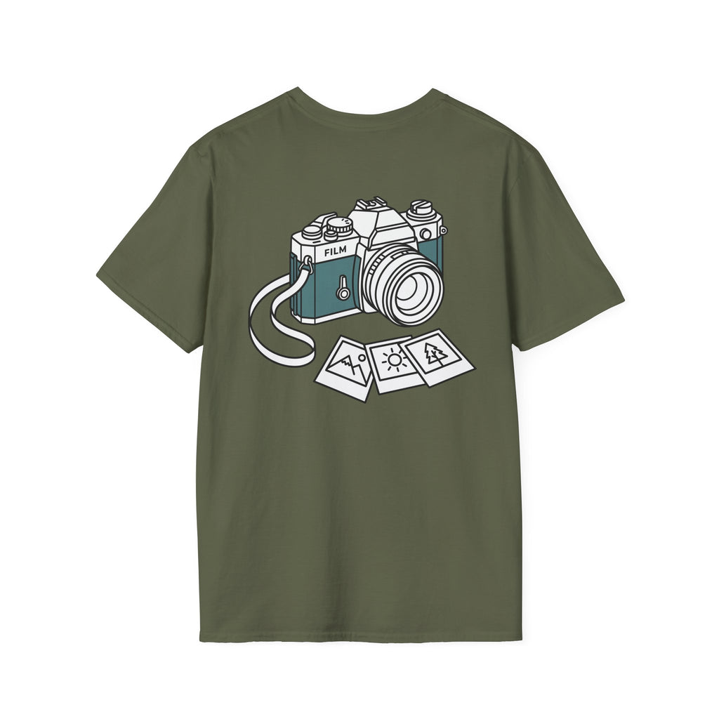 Military green T-shirt with vintage film camera graphic and photo prints on front