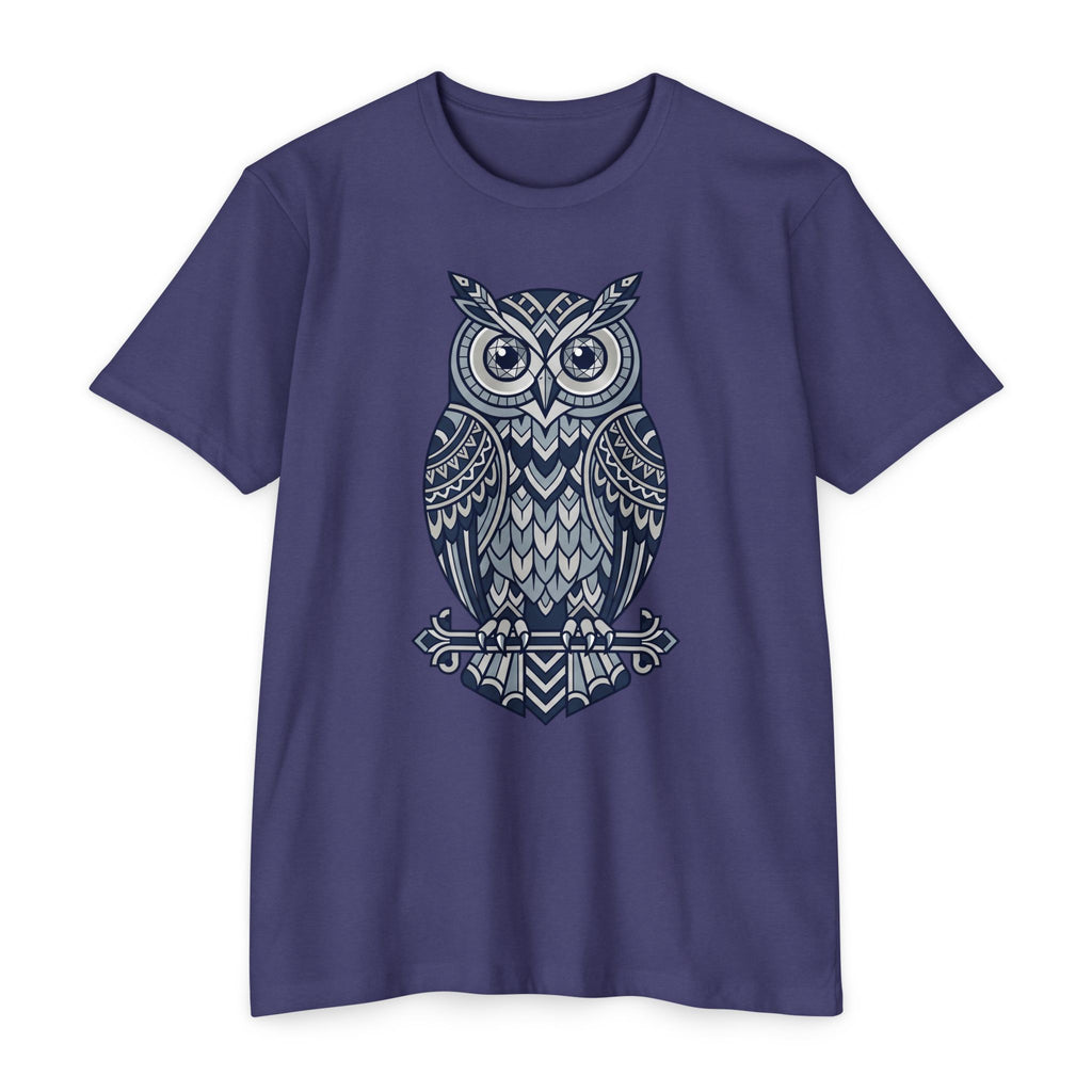 Graphic owl T-shirt, deep purple crew neck short sleeves, blue owl graphic
