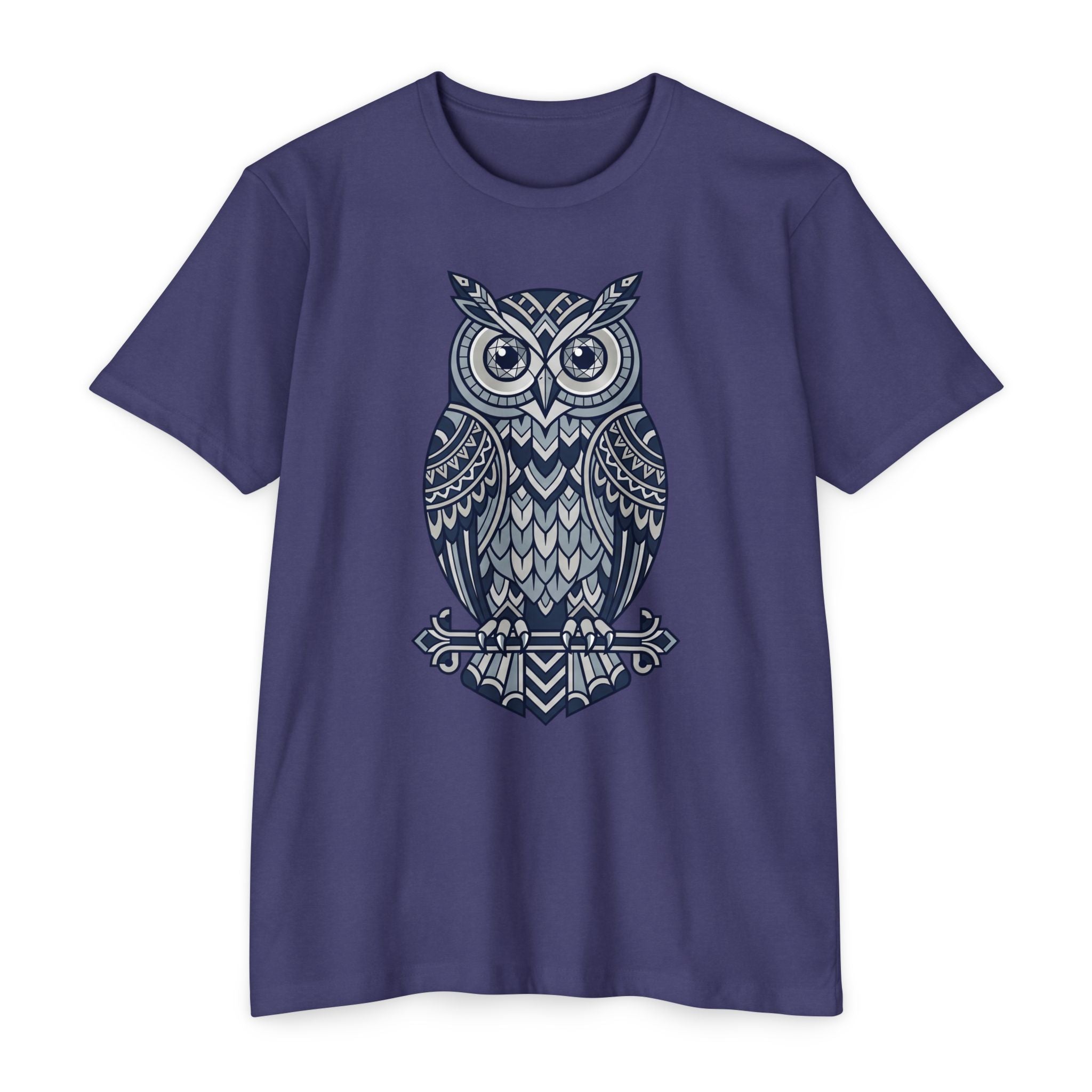 Graphic owl T-shirt, deep purple crew neck short sleeves, blue owl graphic