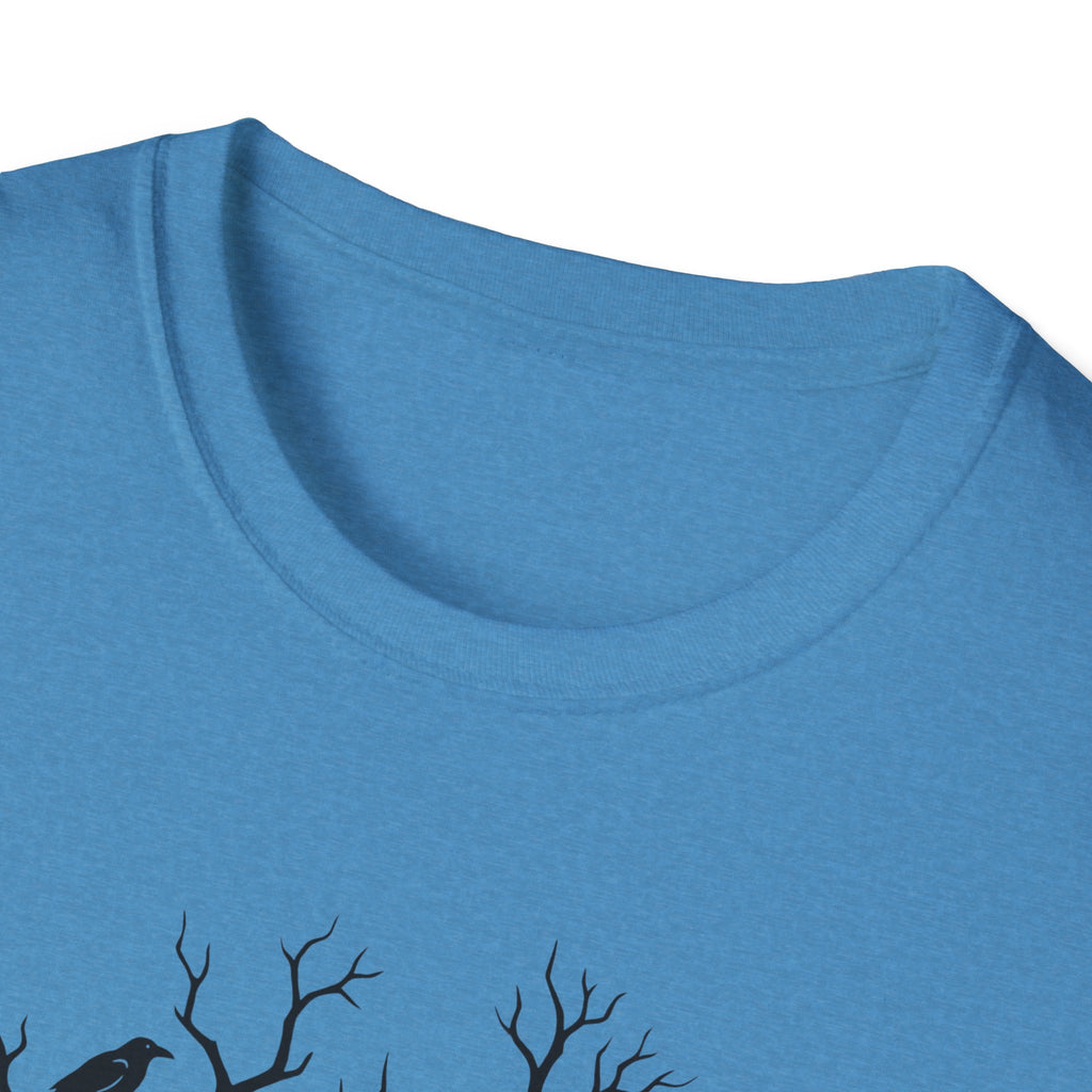Blue crew-neck T-shirt collar, partial branch graphic at bottom