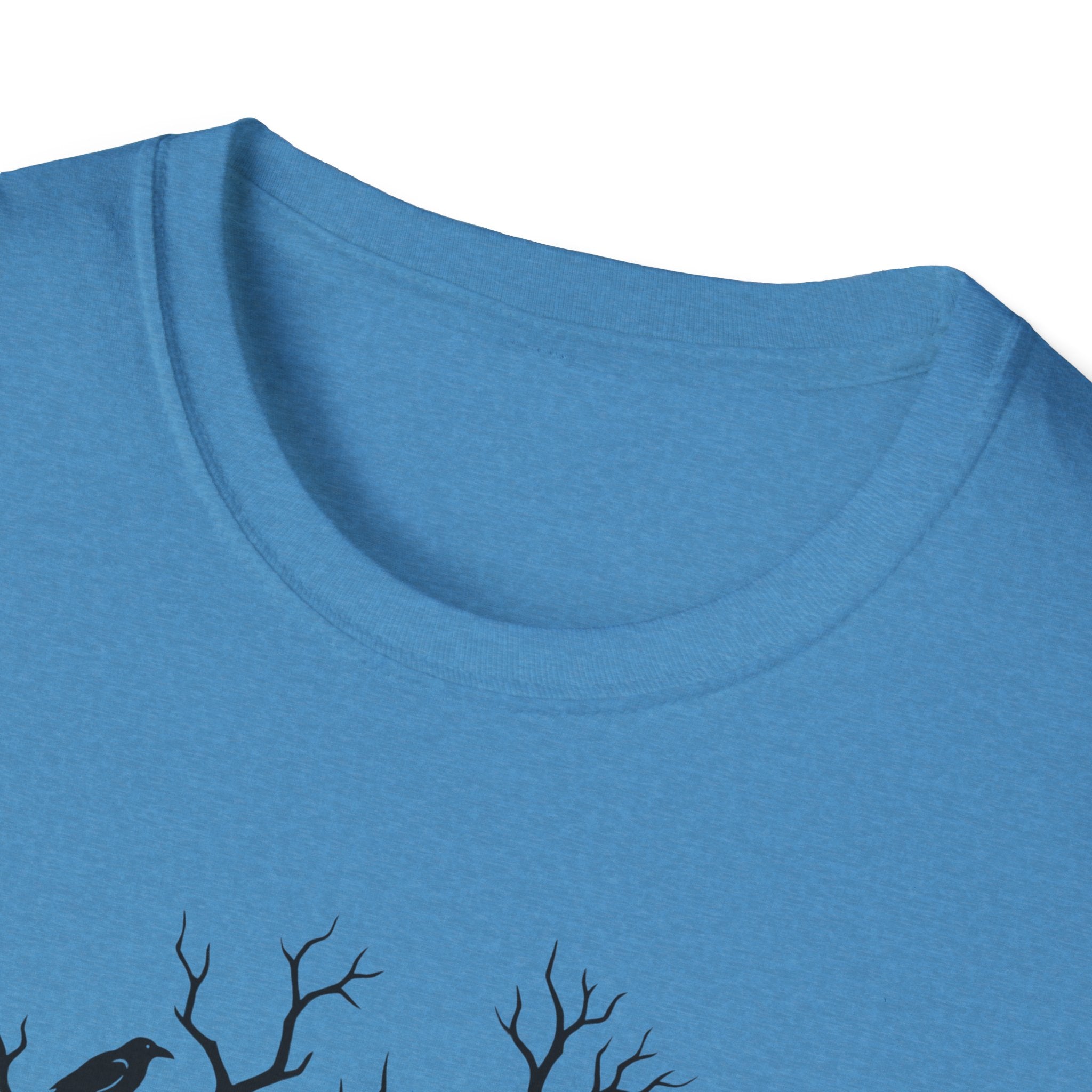 Blue crew-neck T-shirt collar, partial branch graphic at bottom