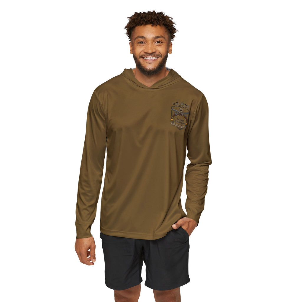 Olive-brown pullover hoodie with chest patch, long sleeves and hood