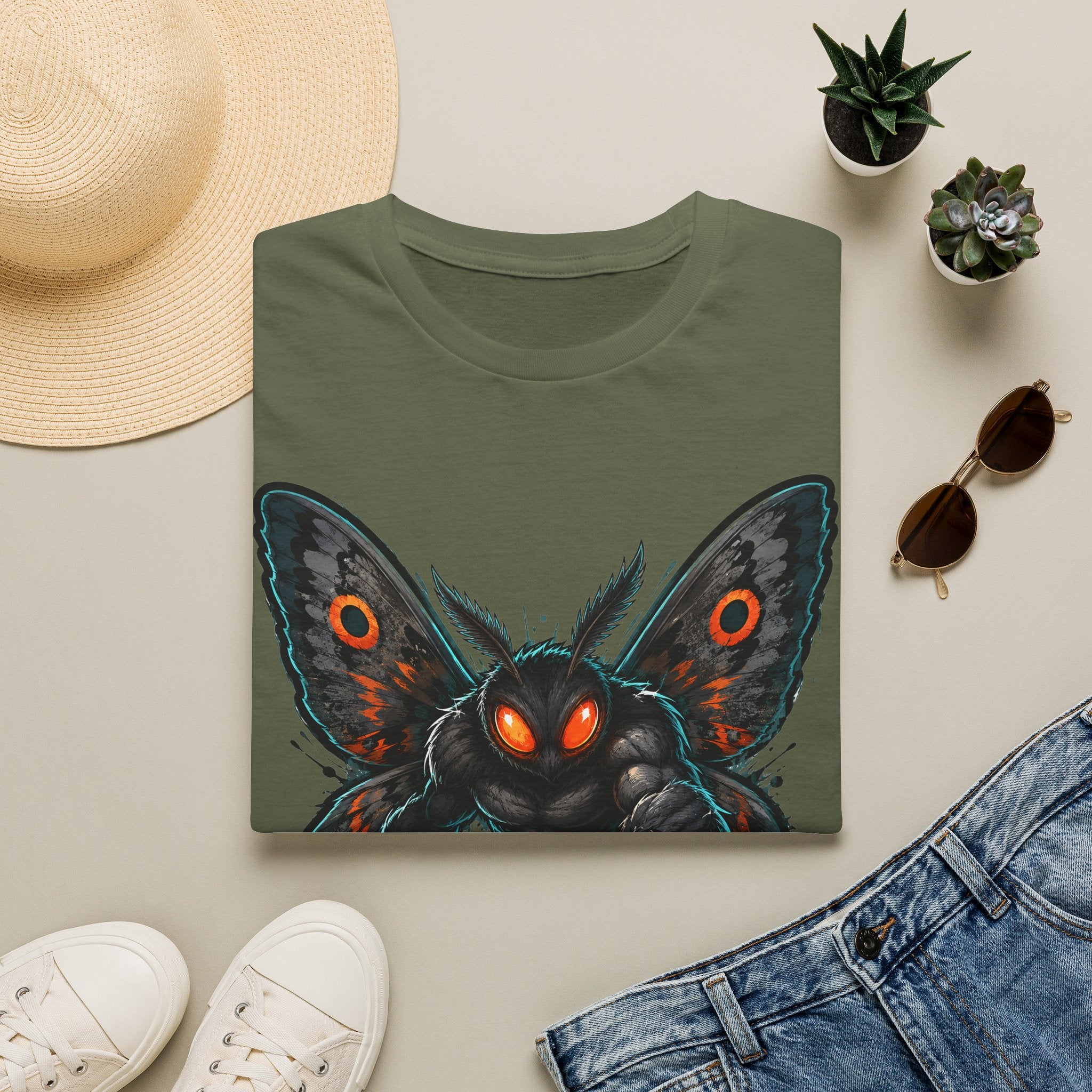 Military green graphic monster moth t-shirt with glowing red eyes and spread wings