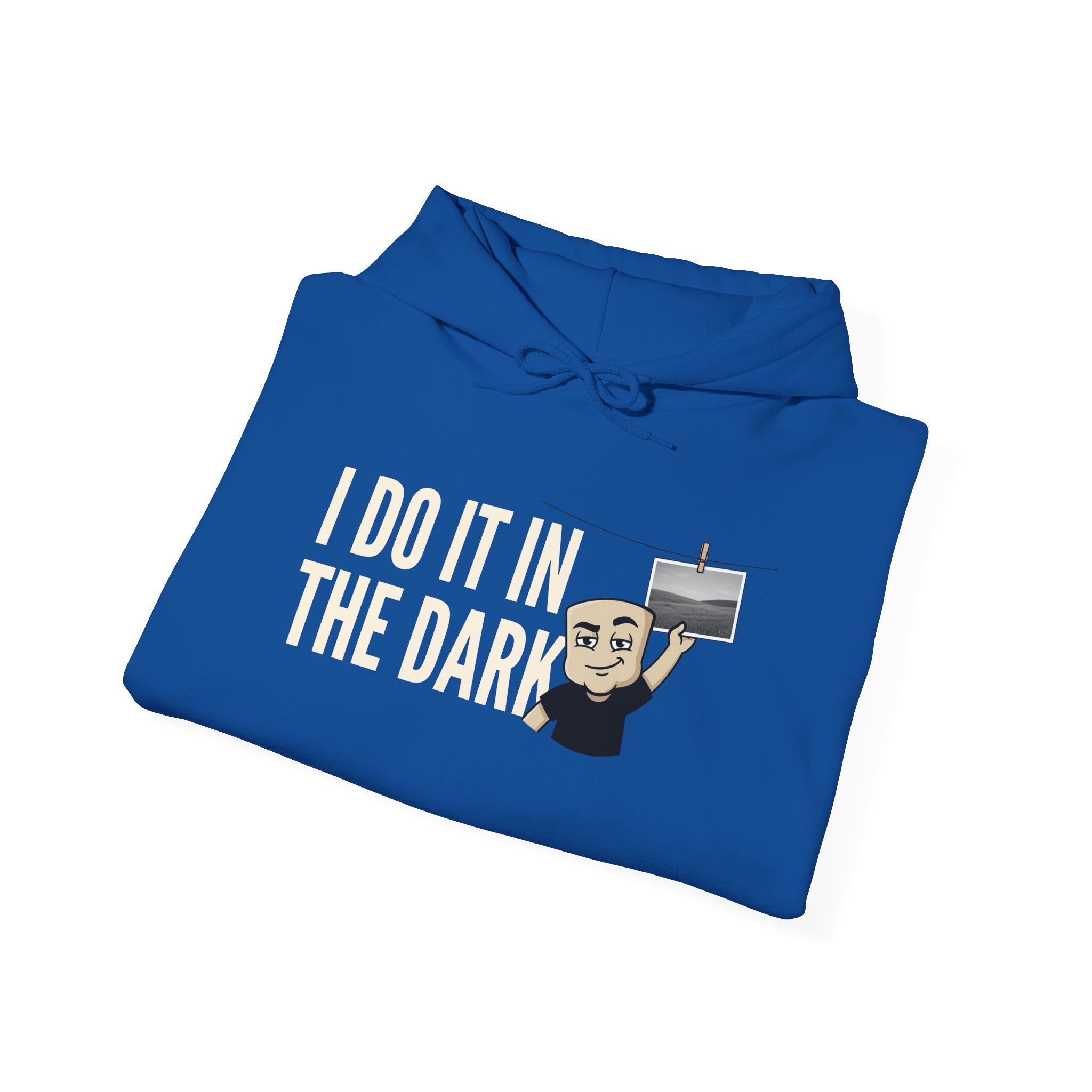 Royal blue hoodie with "I Do It In The Dark" graphic and cartoon face