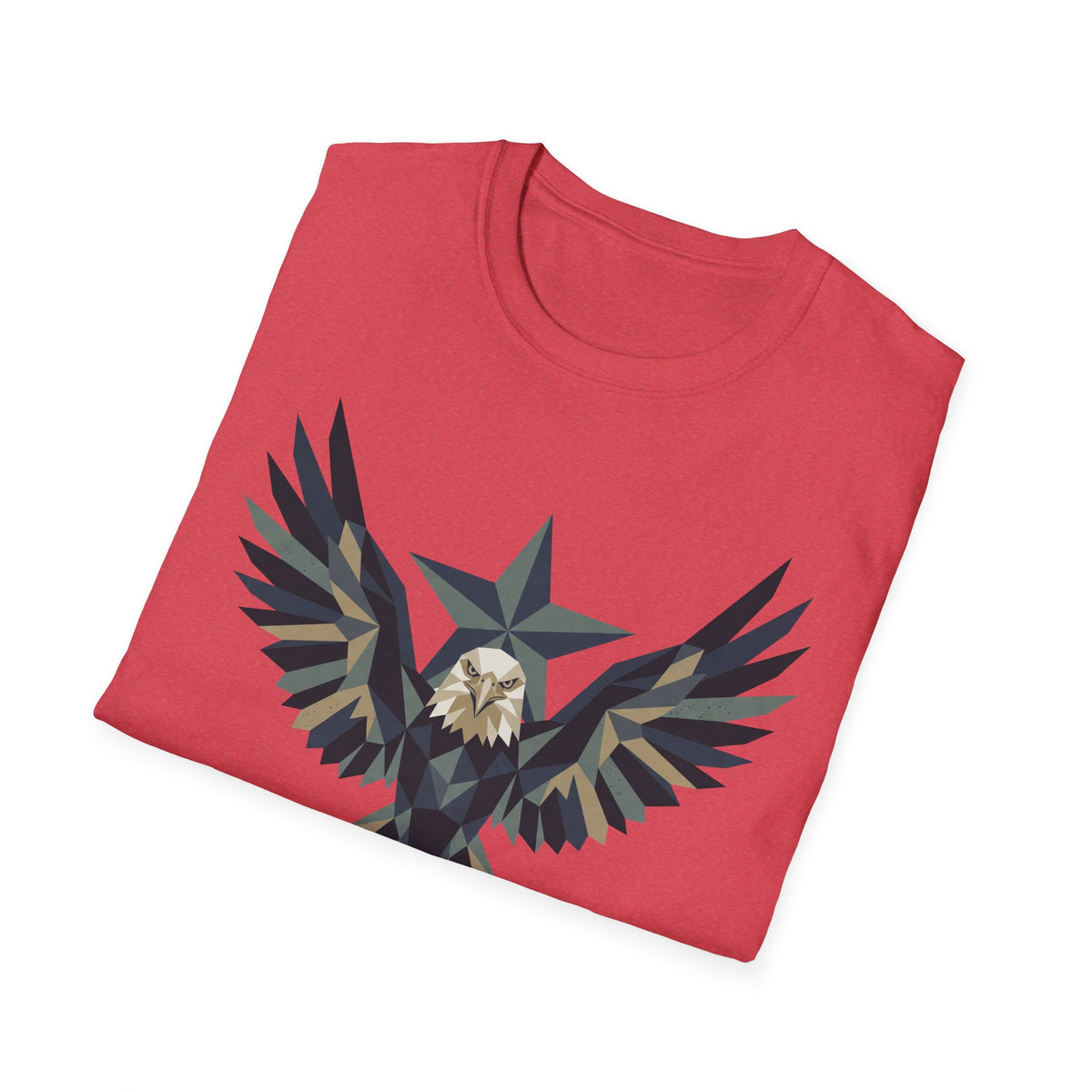 Red T-shirt with geometric eagle and star graphic across chest