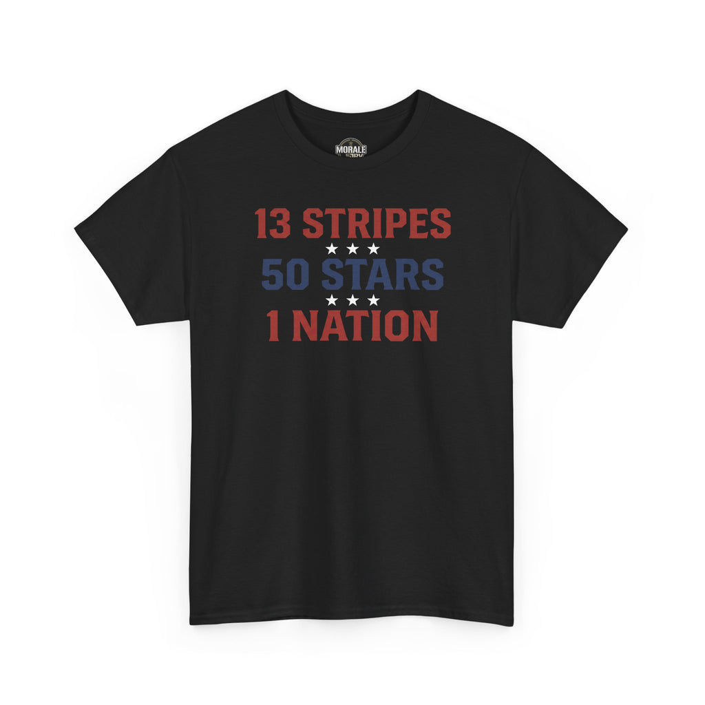 Black crewneck T-shirt with '13 STRIPES 50 STARS 1 NATION' graphic