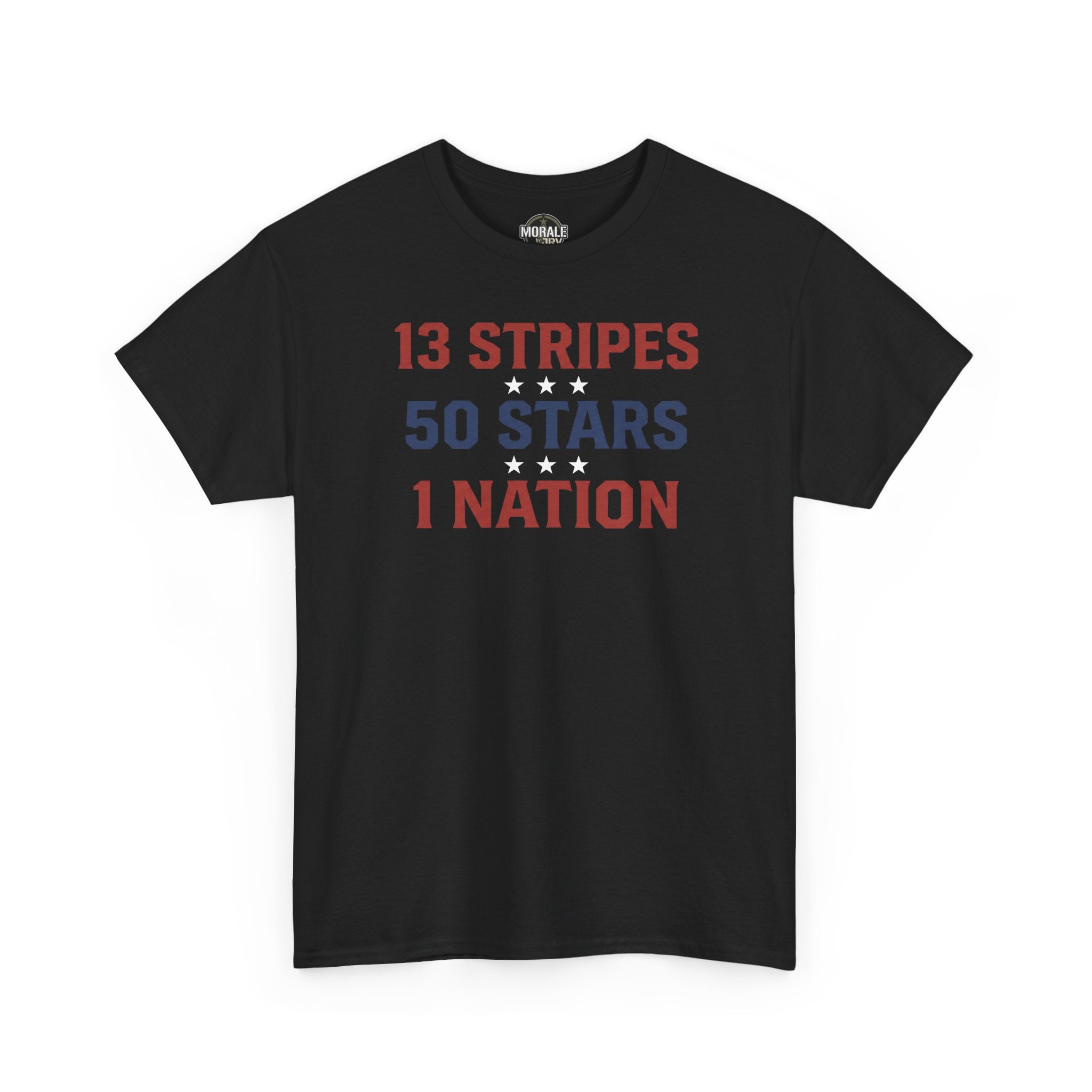 Black crewneck T-shirt with '13 STRIPES 50 STARS 1 NATION' graphic