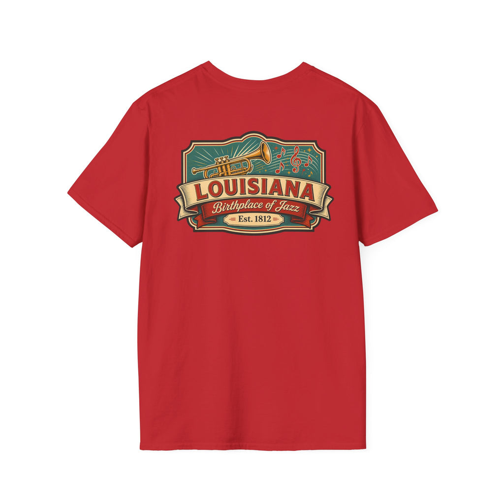 Red Louisiana T-shirt with vintage travel graphic chest print