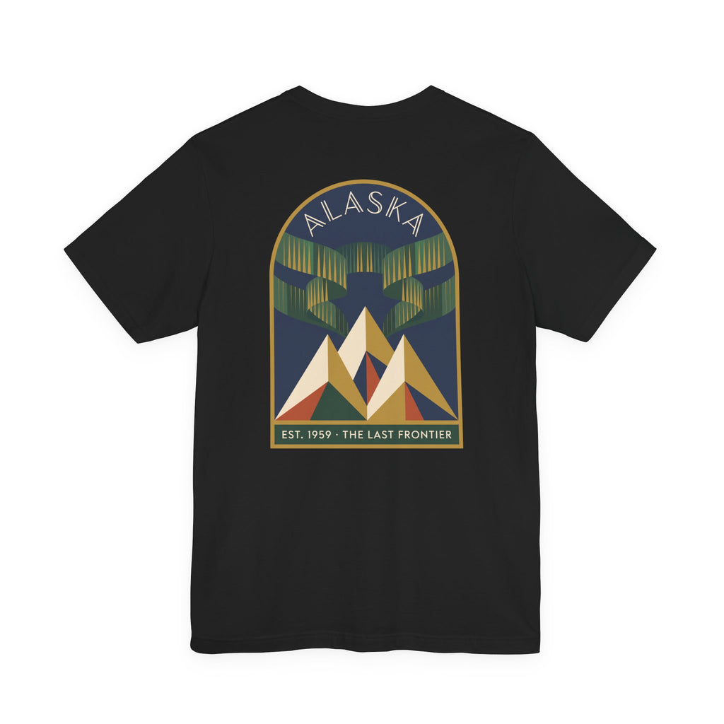 Black graphic T-shirt with Alaska aurora badge and mountain design