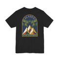 Black graphic T-shirt with Alaska aurora badge and mountain design