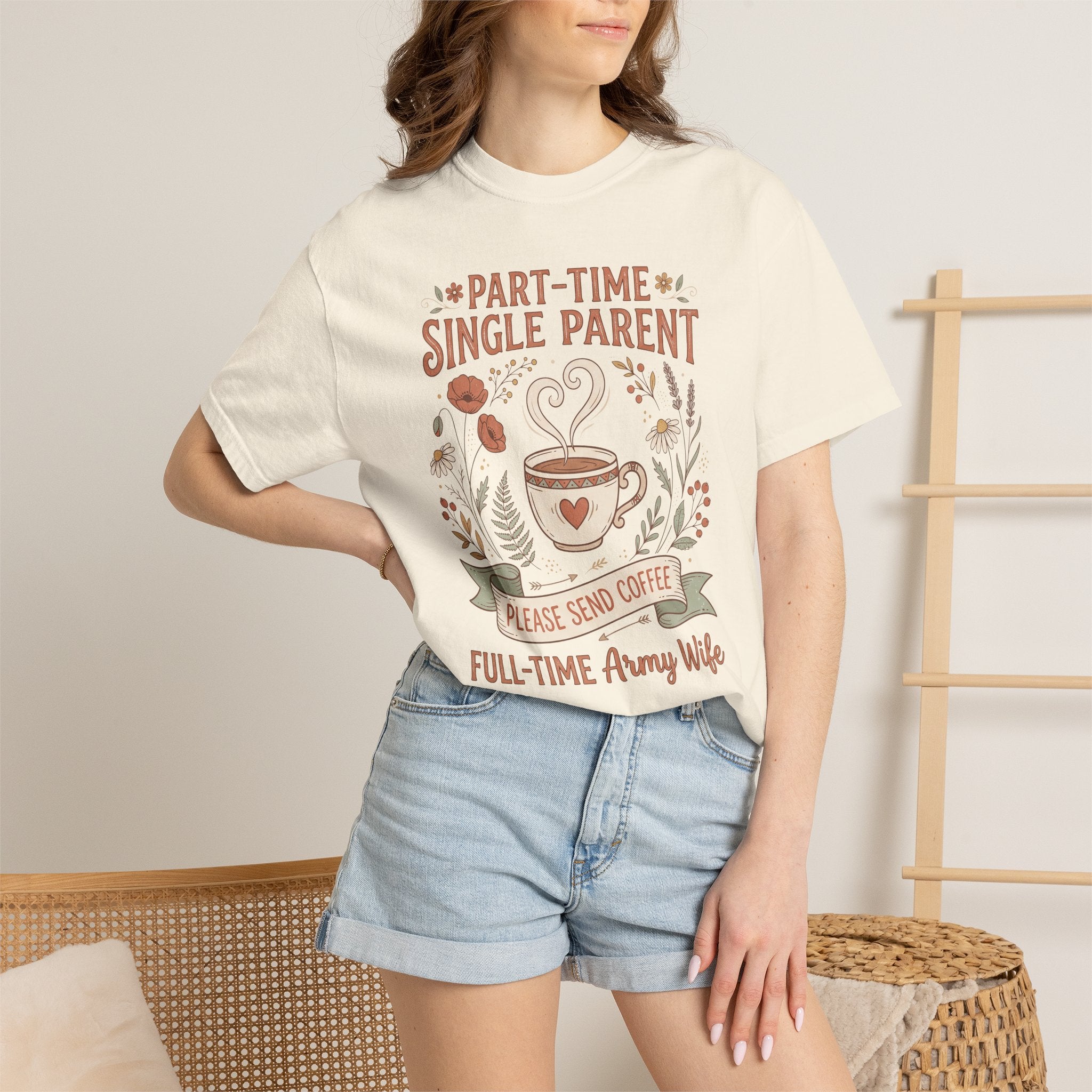 White T-shirt with floral “Part-Time Single Parent” coffee graphic on front.