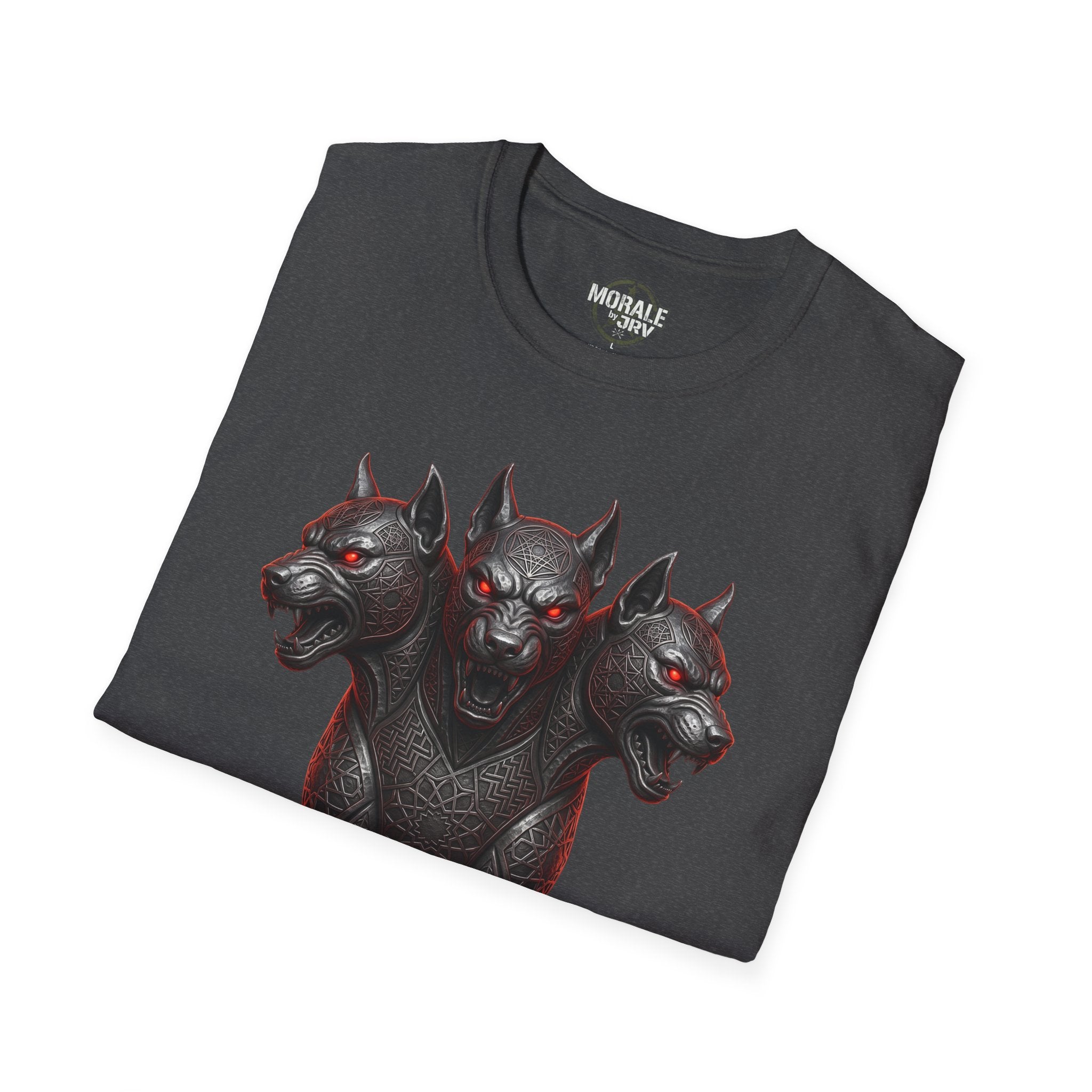 Three-Headed Cerberus dog T‑shirt, three gothic heads print on dark gray/black