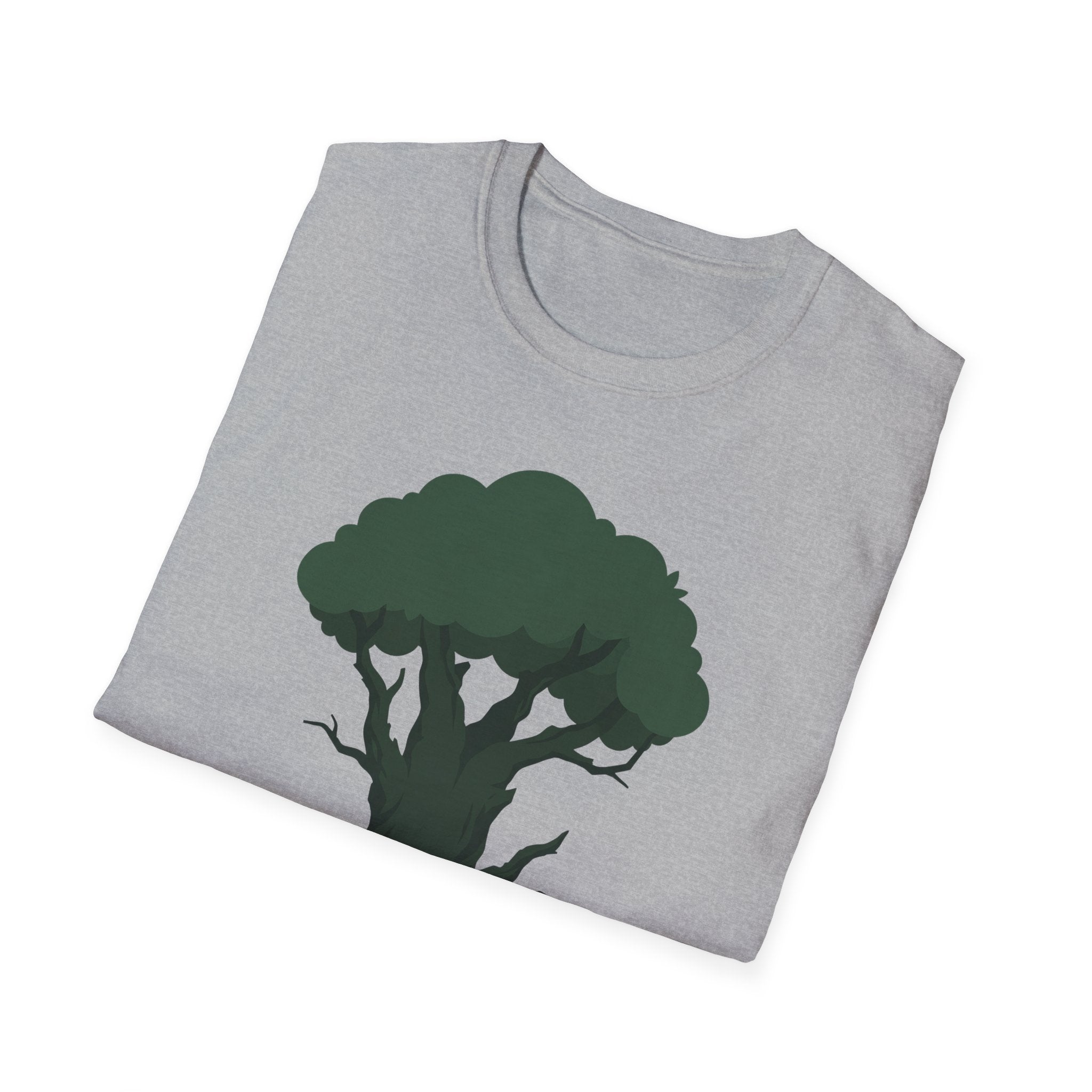 Heather gray crewneck T-shirt with large green tree silhouette graphic on the front