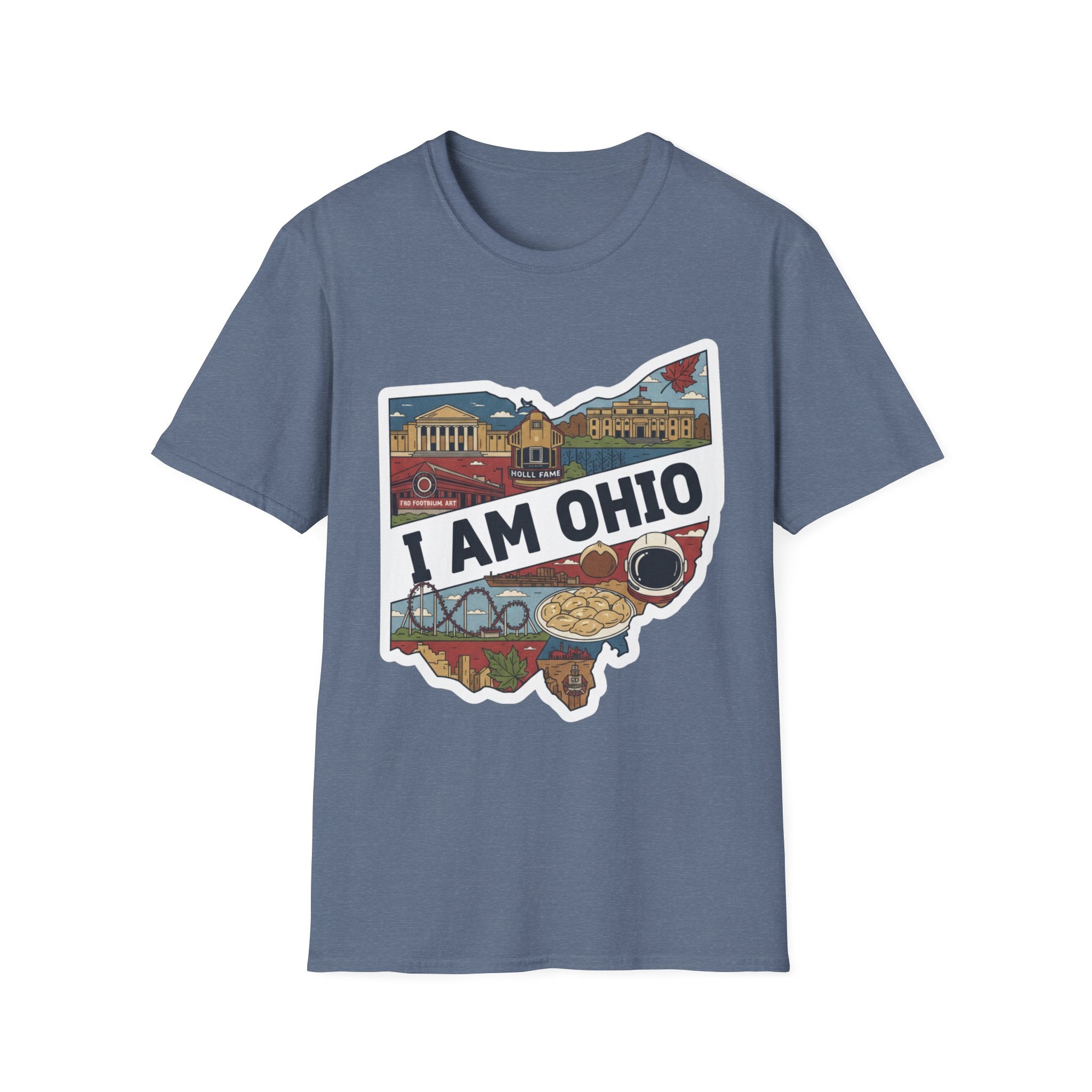 Heather Indigo I Am Ohio T-shirt with Ohio state map graphic and landmarks