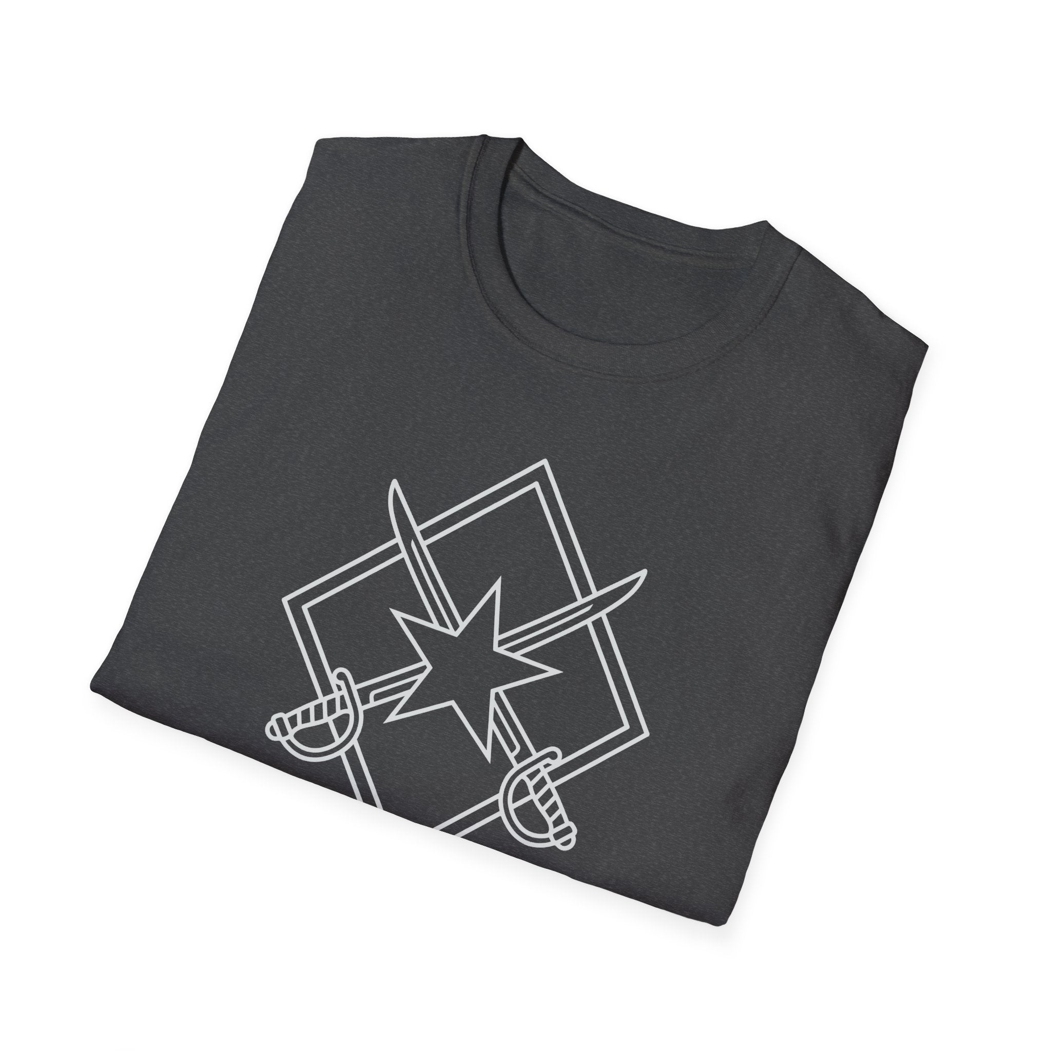 Dark heather T-shirt with star, crossed swords, and ribbon text graphic