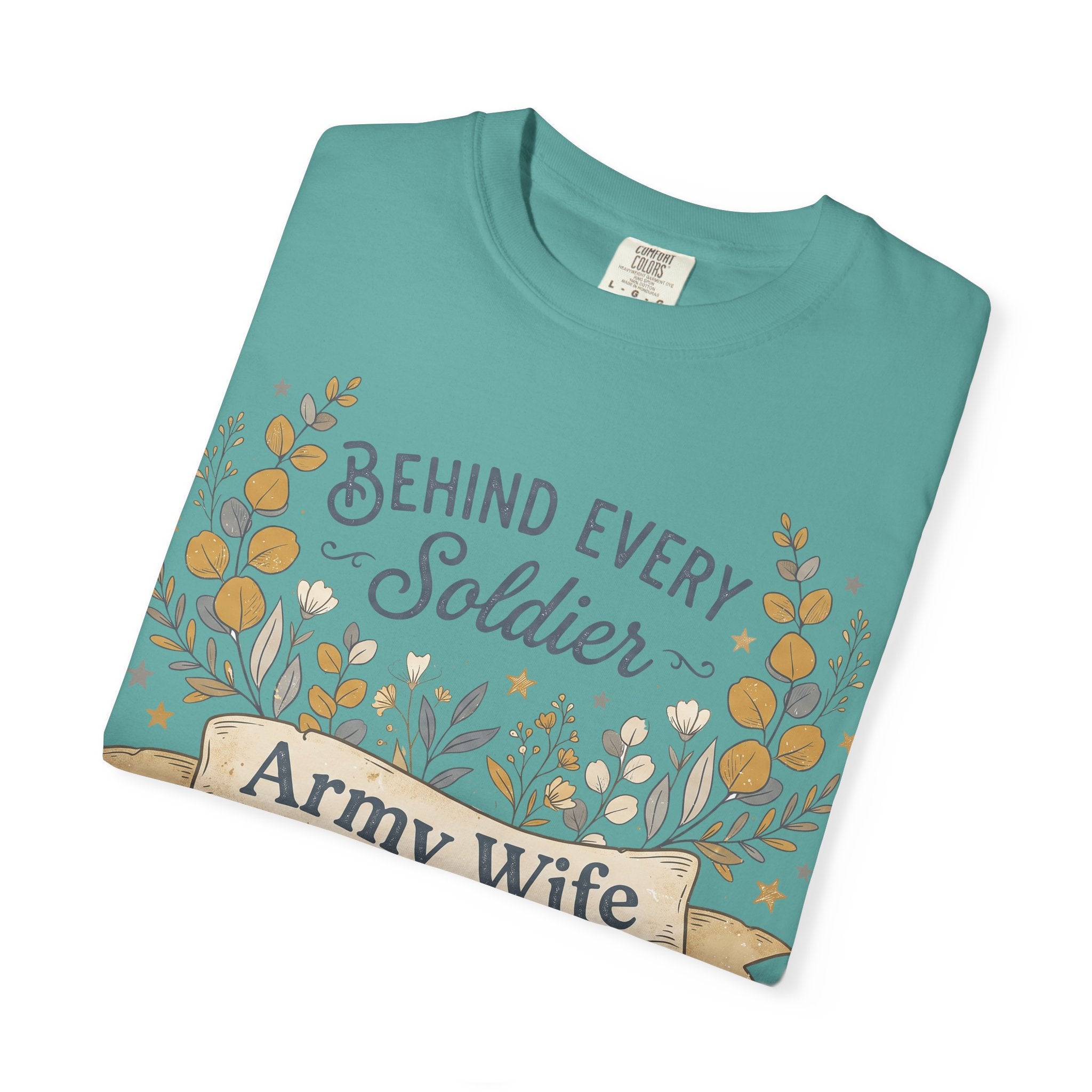 Teal T-shirt with floral tree graphic and 'Army Wife' message on front