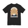 Black Missouri sunrise art deco T-shirt with arch skyline graphic and “MISSOURI” text.