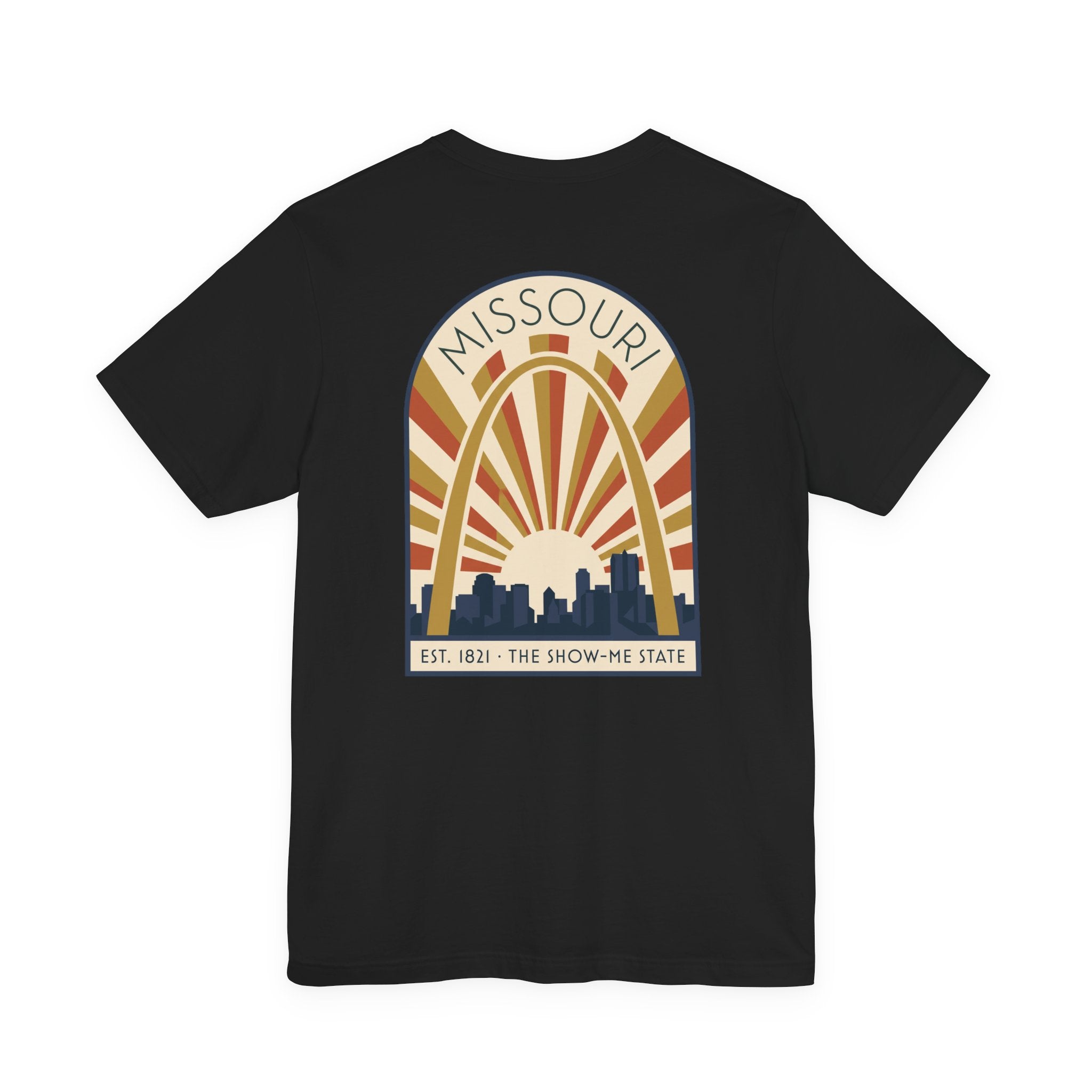 Black Missouri sunrise art deco T-shirt with arch skyline graphic and “MISSOURI” text.