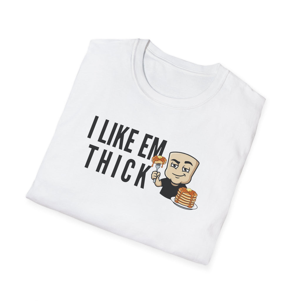 White T-shirt with 'I LIKE EM THICK' graphic and cartoon holding a pancake stack