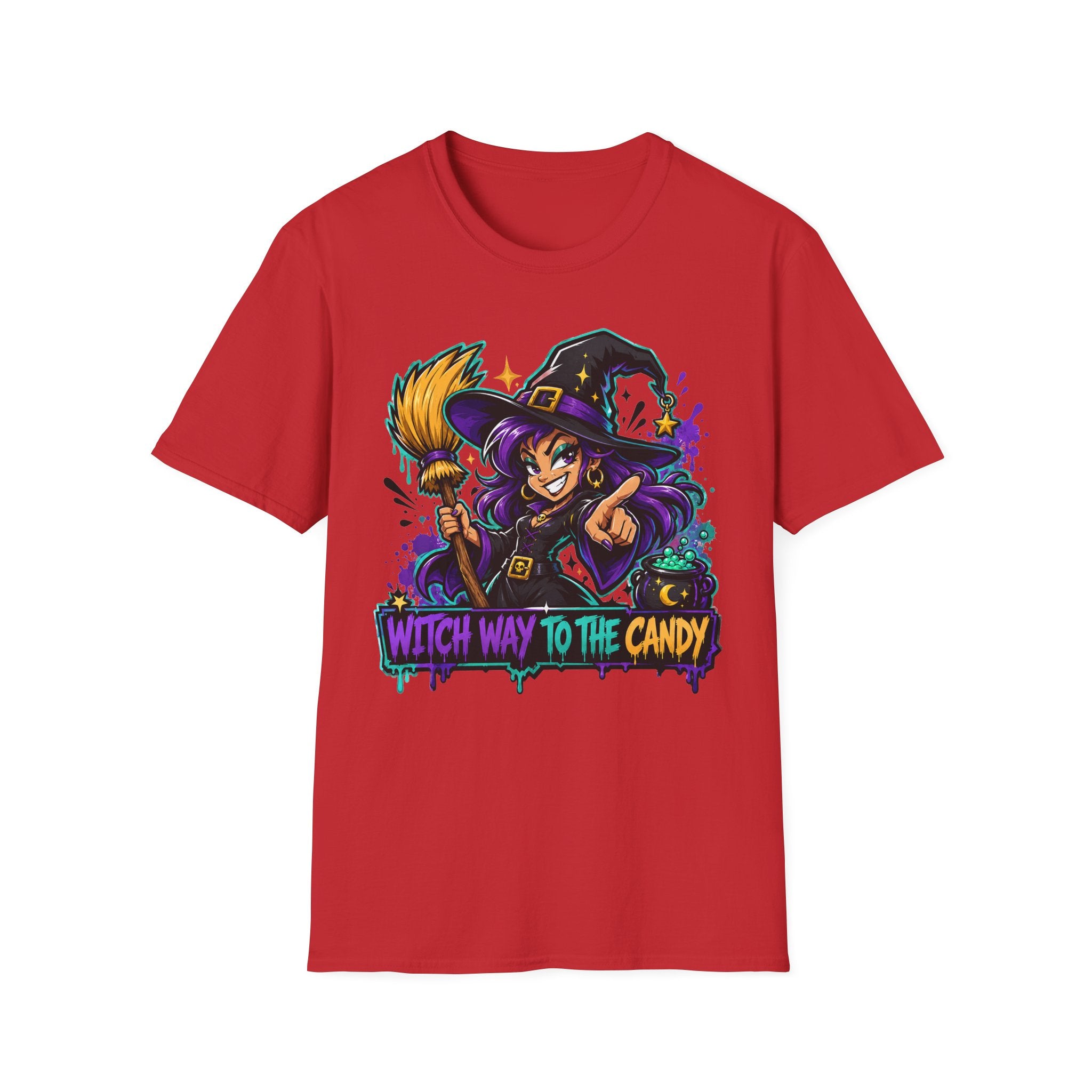 Red Halloween T-shirt with colorful witch holding a broom and candy graphic