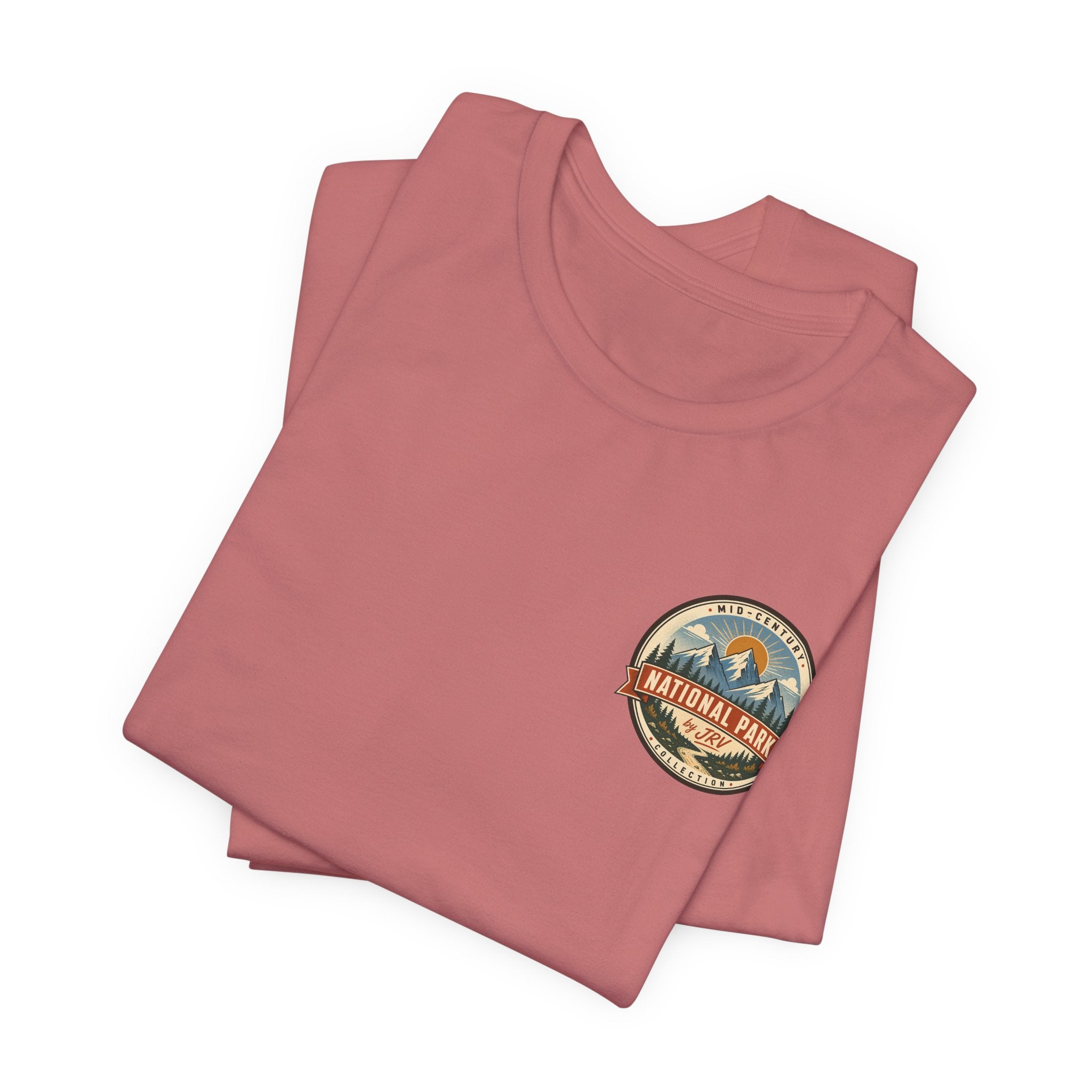 Dusty rose T-shirt with circular National Park badge logo on front