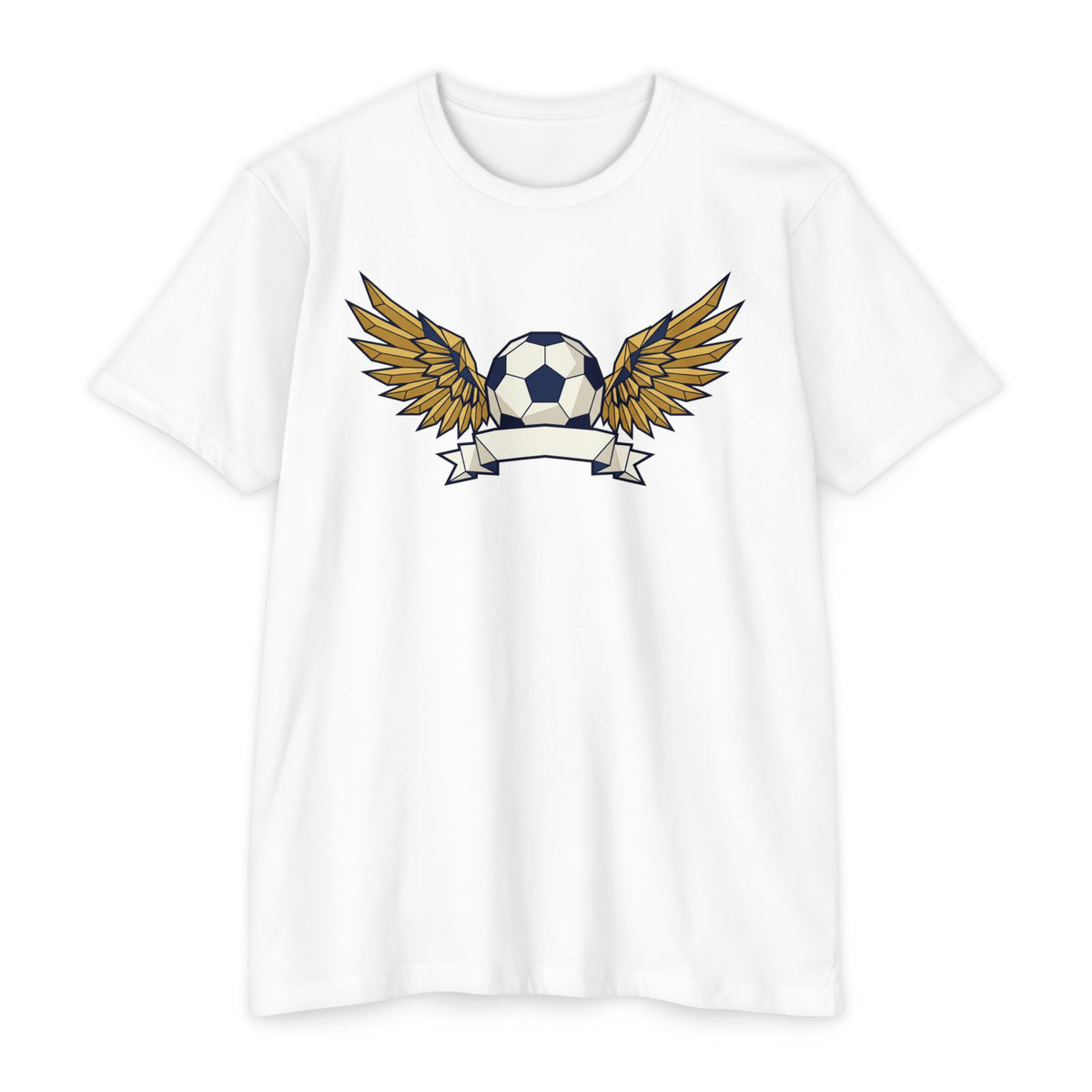 Personalized soccer T-shirt in white with winged soccer ball graphic on chest
