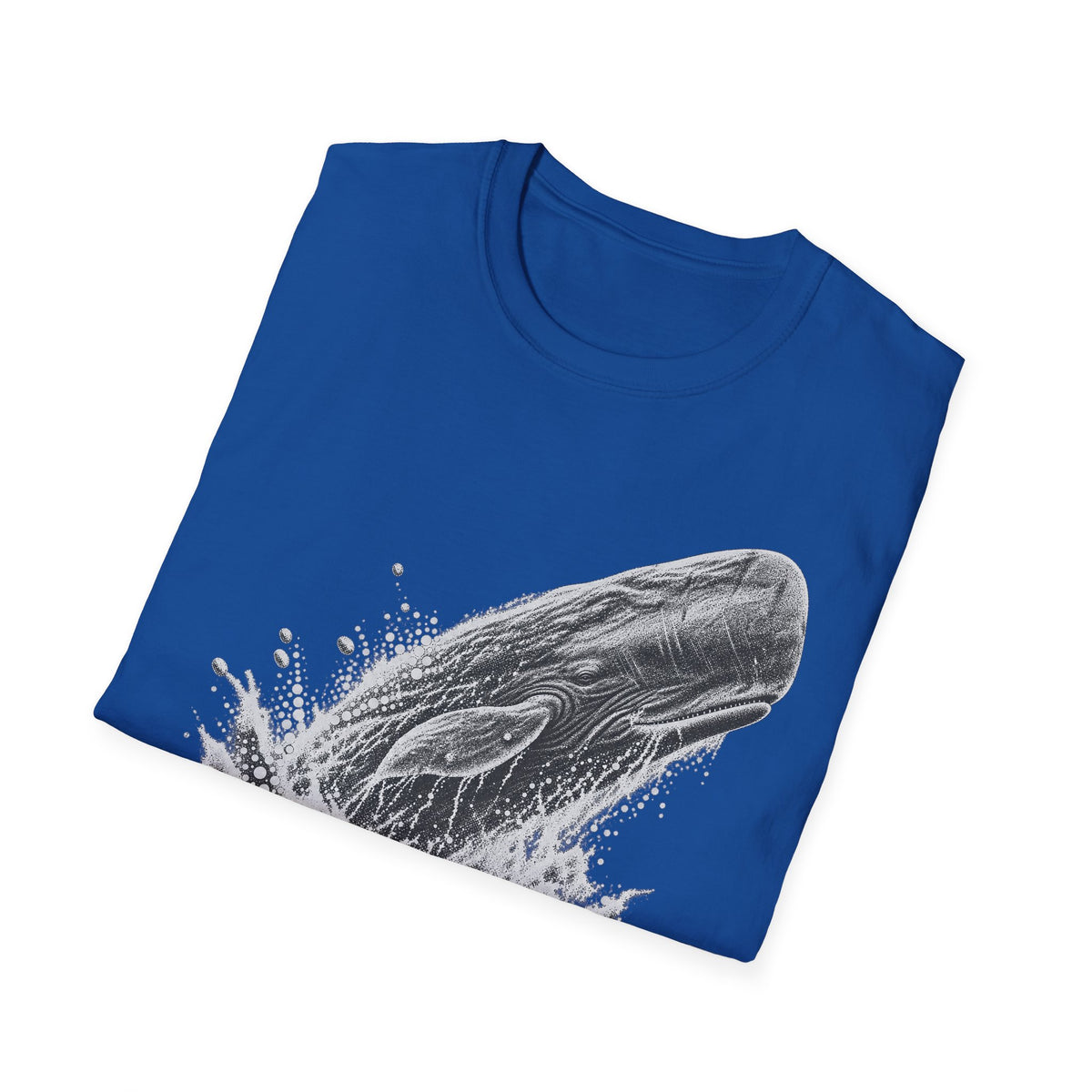 Blue T-shirt with gray breaching whale splash graphic