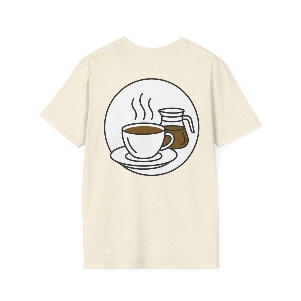 Coffee graphic T-shirt in natural cream with steaming cup and jar illustration