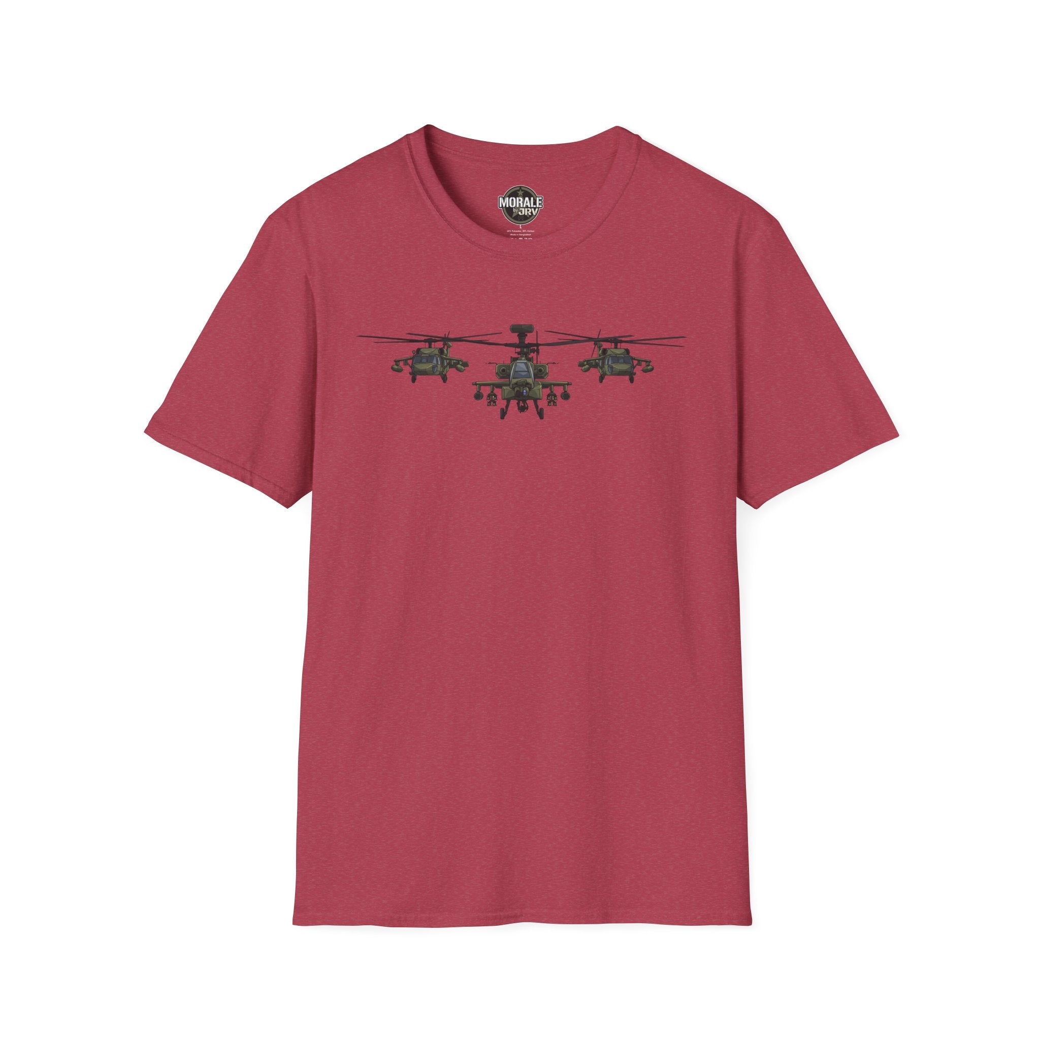 Burgundy crewneck T-shirt with three-helicopter graphic on the chest
